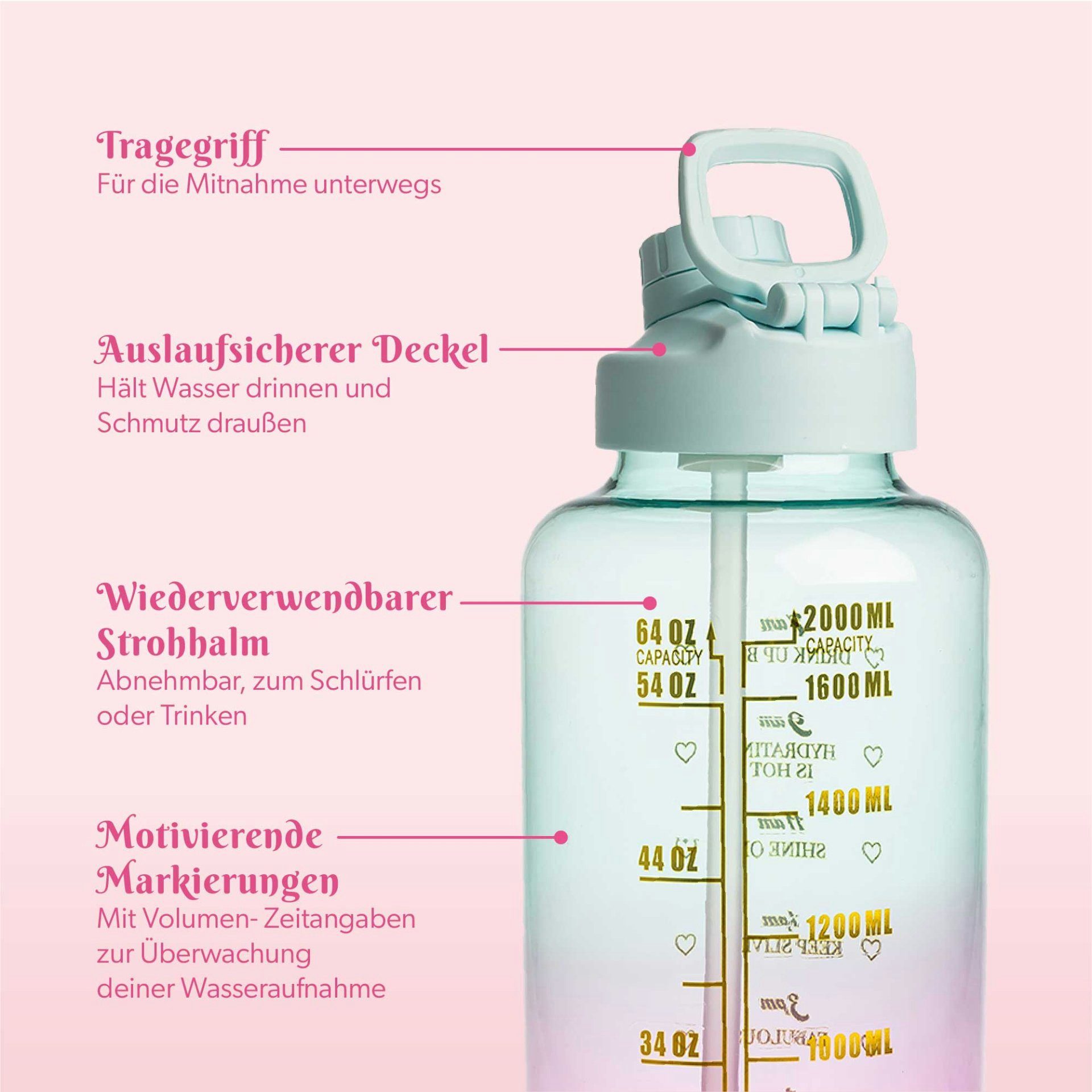 Paris Hilton Trinkflasche Trinkflasche 1,8 Liter in pink/blau - Auslaufsicher mit Strohhalm