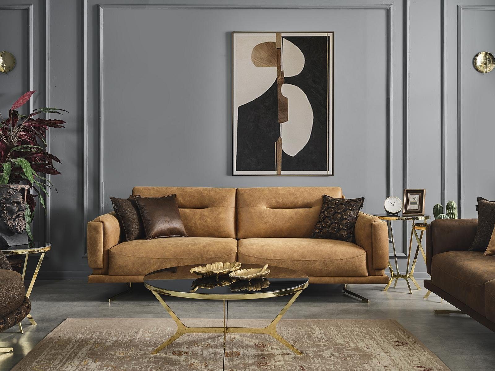 Made 3tlg, Sofagarnitur Kunstleder Sofa in Sessel 4+3+1 Set Sitz Sofa 3 Teile, Europa JVmoebel Braun