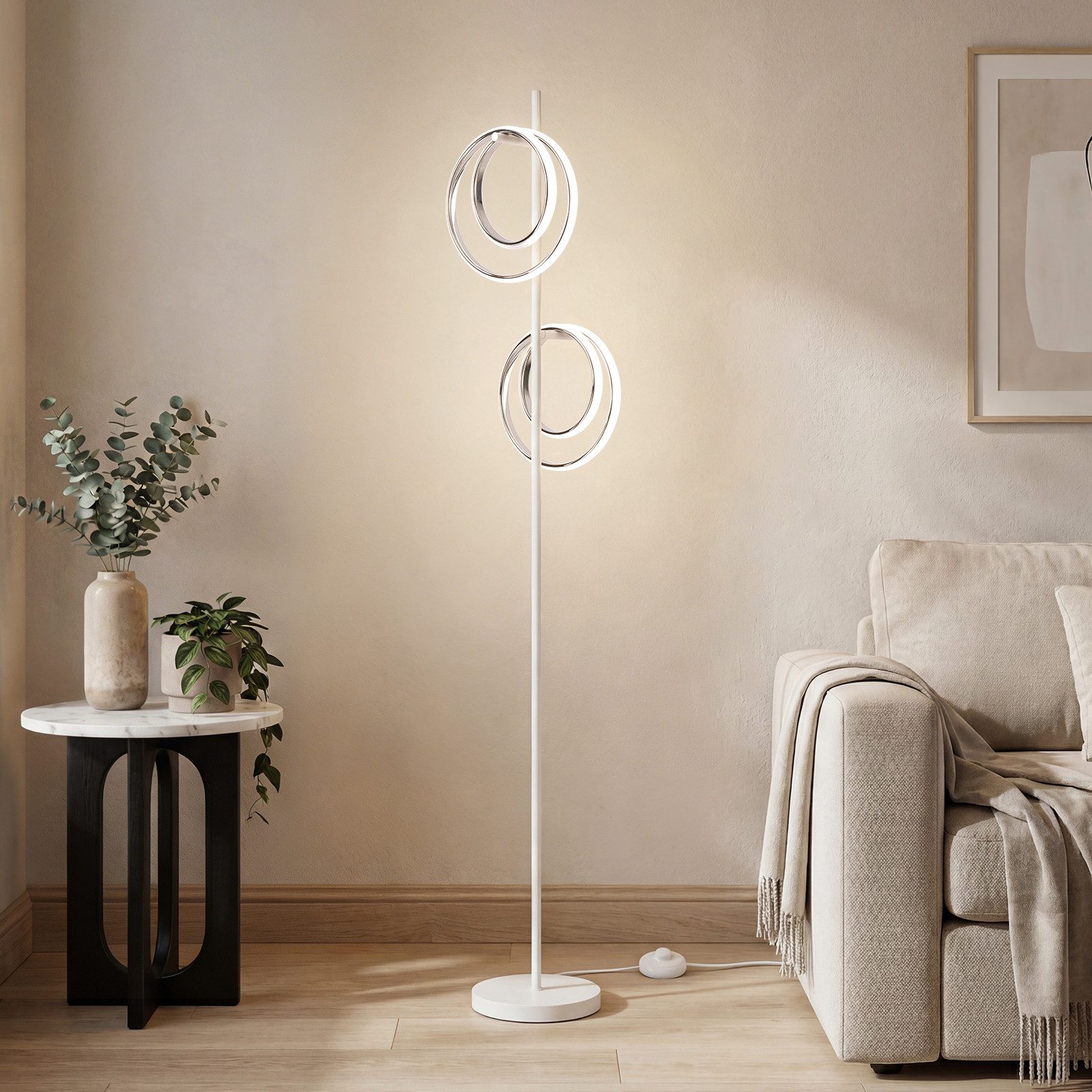 BlingBin Stehlampe LED Doppelring Standleuchte 21W, 4500K, LED Lampe 2500lm, LED fest integriert, Naturweiß, Wohnzimmerlampe mit Schalter für Schlafzimmer, Büro, Küche& Flur