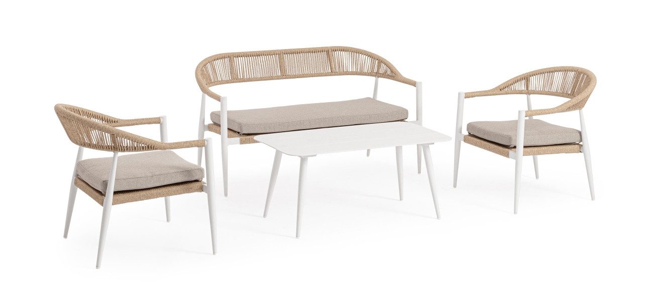 Bizzotto Gartenlounge-Set Jandia 4er Gruppe, Weiß / Beige, 2x Sessel, 1x Sofa, 1x Couchtisch