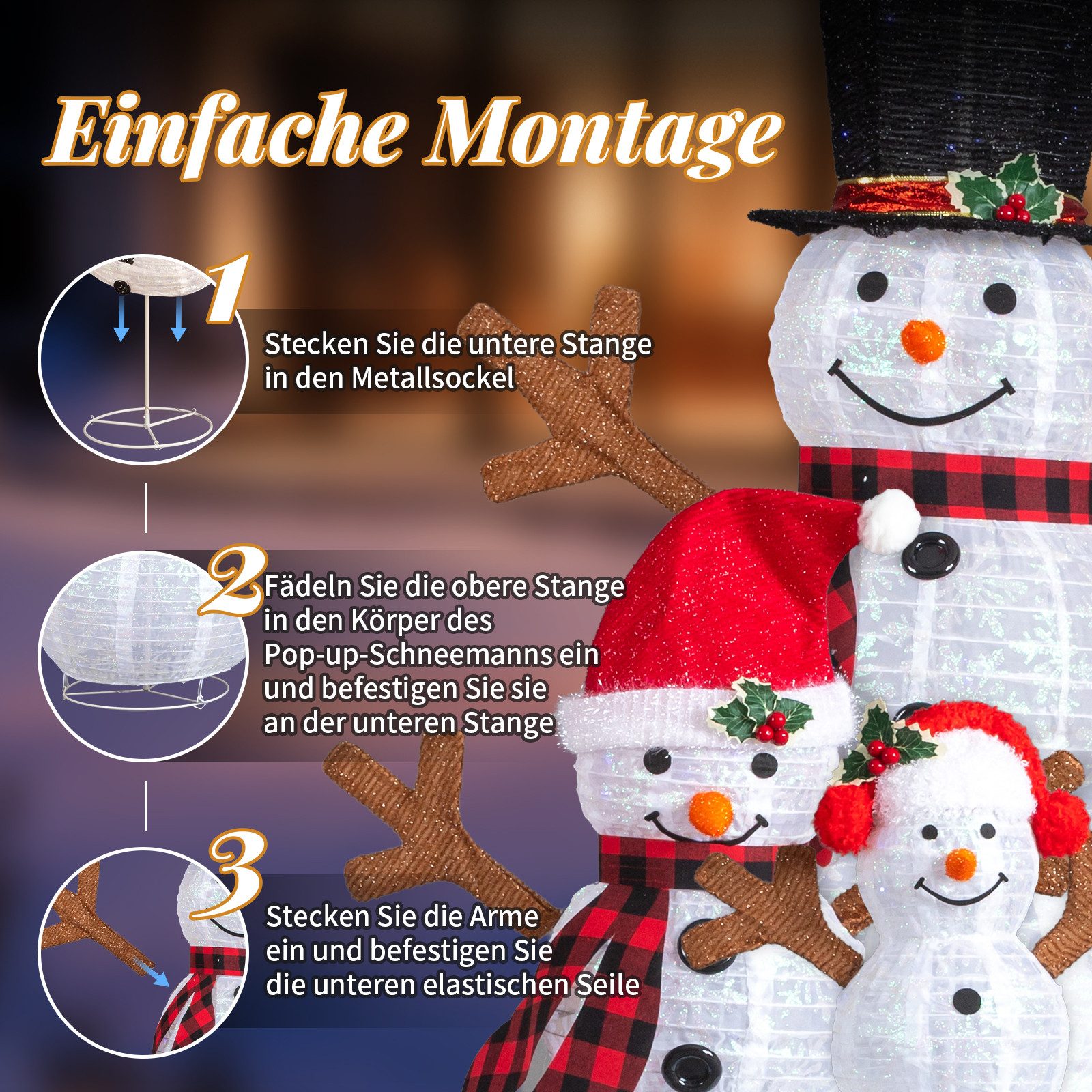 LALAHO Schneemann 3-teiliges LED-Schneemann Weihnachtsfigur, 60/90/120cm mit 300 LEDs Weihnachtsbeleuchtung für Innen und Außen – Bild 5 von 5