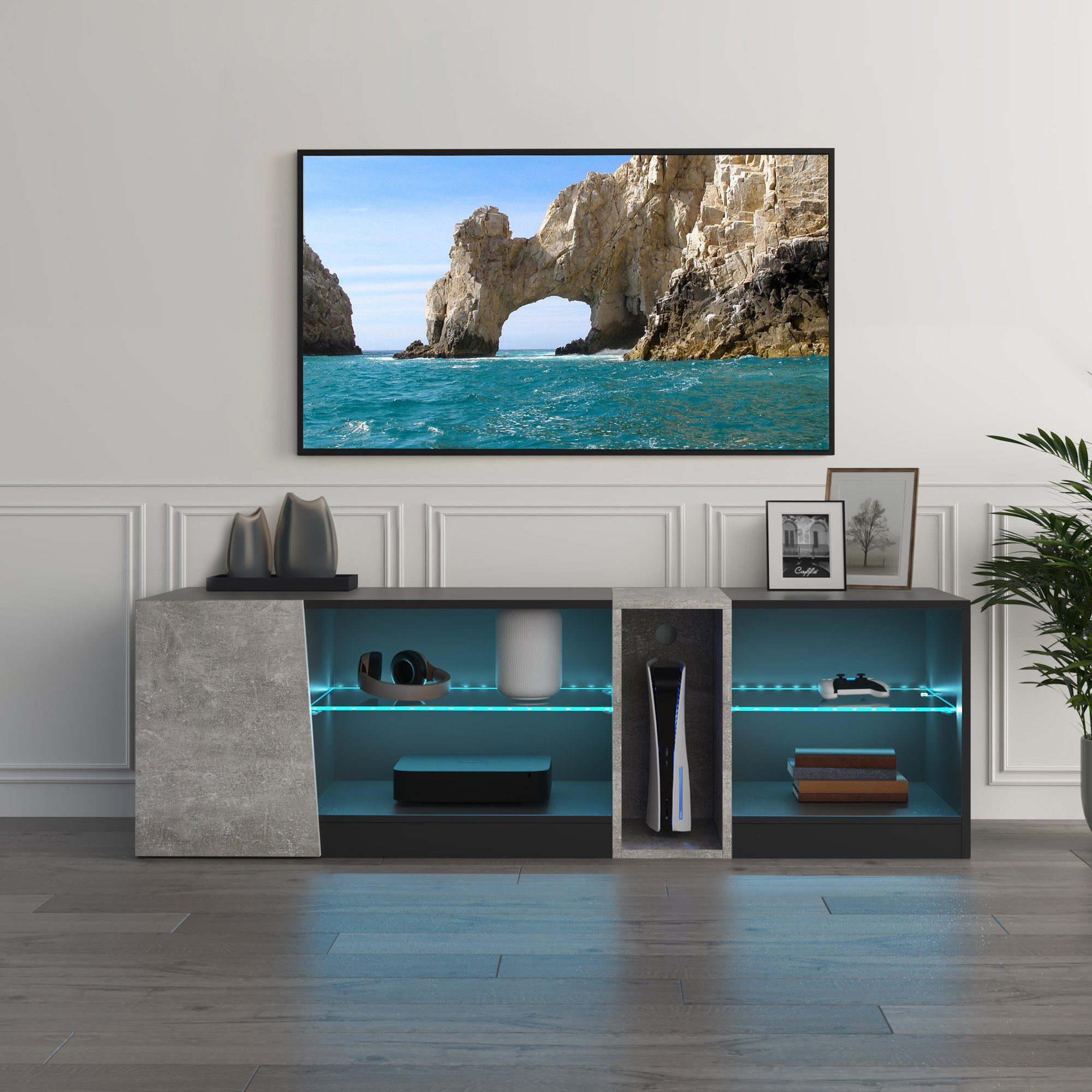 Meerveil Lowboard LED TV-Schrank, Breite 140cm mit 5 offenen Fächern und 1 Tür, Schwarz und Grau