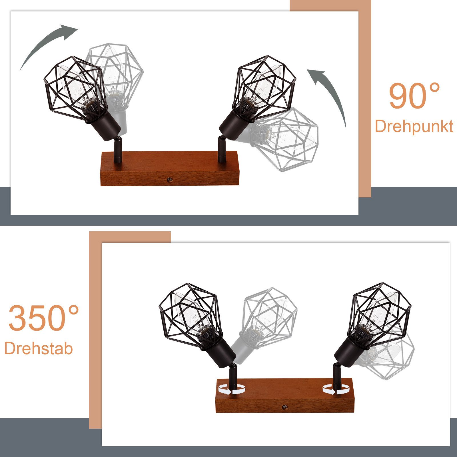 Nettlife Deckenleuchte Holz Deckenlampe E14 Metall Schwenkbar 350°, Schwenkbar 350°, LED wechselbar, für Wohnzimmer Flur Schlafzimmer – Bild 2 von 5