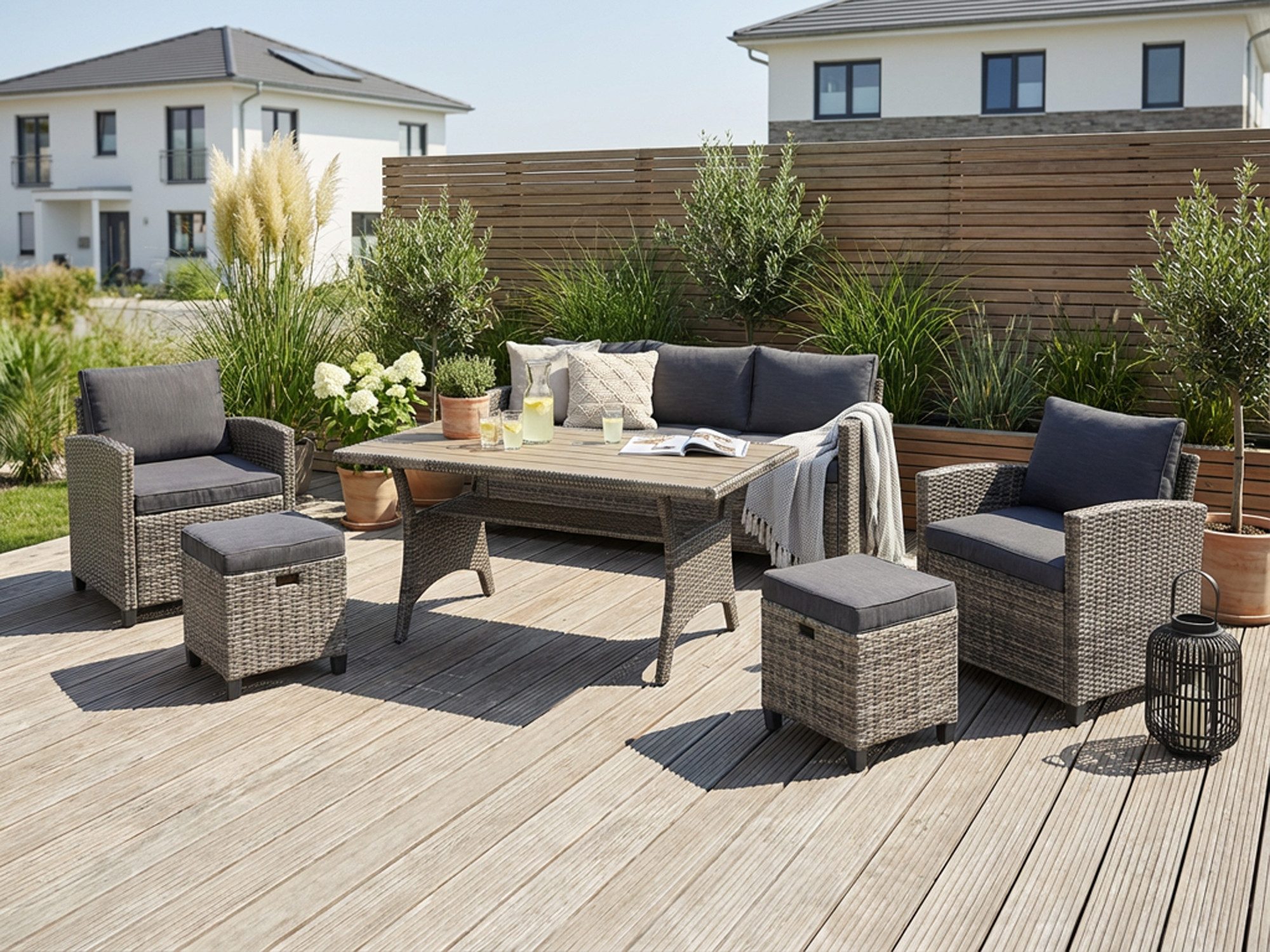 KONIFERA Gartenlounge-Set Amsterdam, (Set, 16-tlg., 1x 3er Sofa, 1x 2 Sessel, 2x Hocker, 1xTisch 144,5x74x67cm,Polyrattan), Stahl, Ablagefläche unter dem Tisch, Loungeset