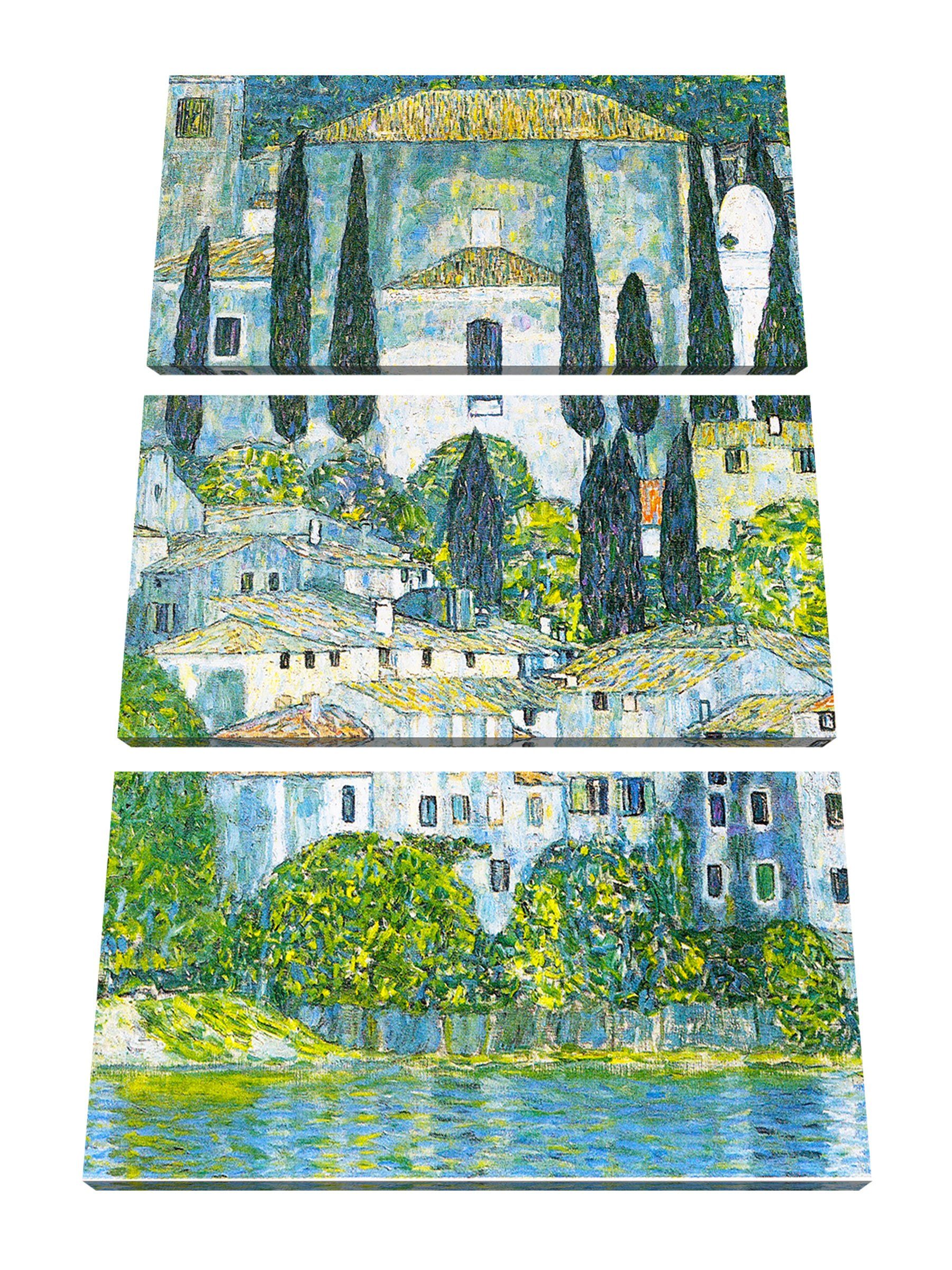 Pixxprint Leinwandbild Gustav Klimt - Kirche in Cassone Landschaft mit Zypressen, Gustav Klimt - Kirche in Cassone Landschaft mit Zypressen 3Teiler (120x80) (1 St), Leinwandbild fertig bespannt, inkl. Zackenaufhänger