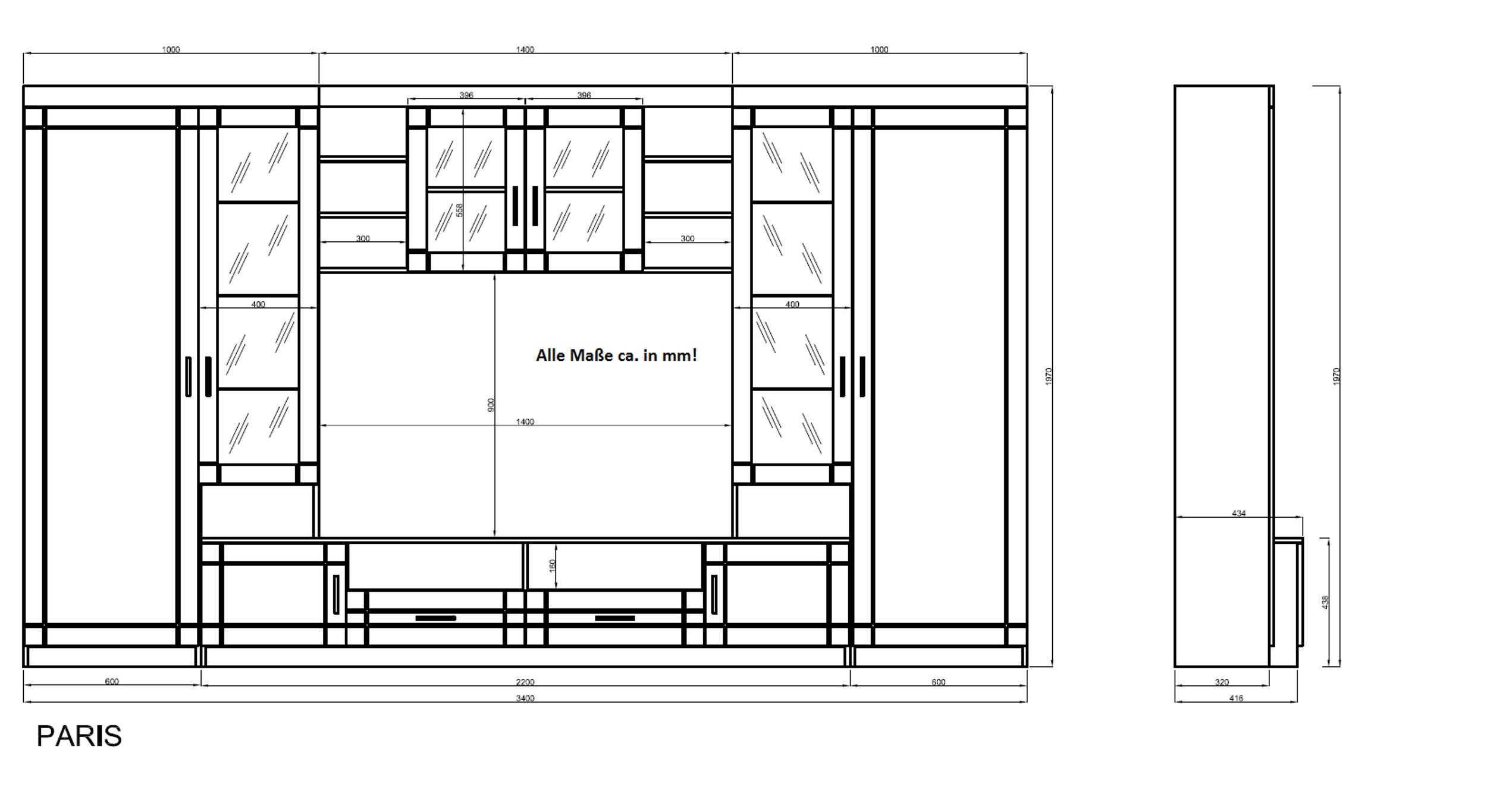 Küchen-Preisbombe Wohnwand Paris Schrankwand Anbauwand Wohnzimmer Sonoma Eiche matt, (4-St)