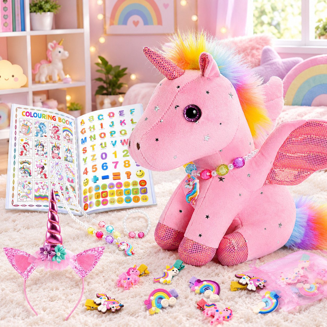 Wootoy Kuscheltier Einhorn Plüschtier Geschenkset für Mädchen 21-teiliges Kreativset (mit Malbuch Schmuck Haaraccessoires und Plüschtier, 1-St., vielseitige Kombination aus Spielzeug Bastelspaß und Schmuck), Attraktive Geschenkbox ideal für kleine Einhorn-Liebhaberinnen