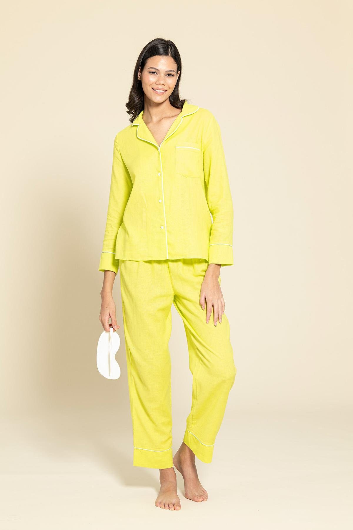 For You Moda Pyjama 3-teiliges Bio-Weiß gestreiftes Gelbes Pyjama-Set