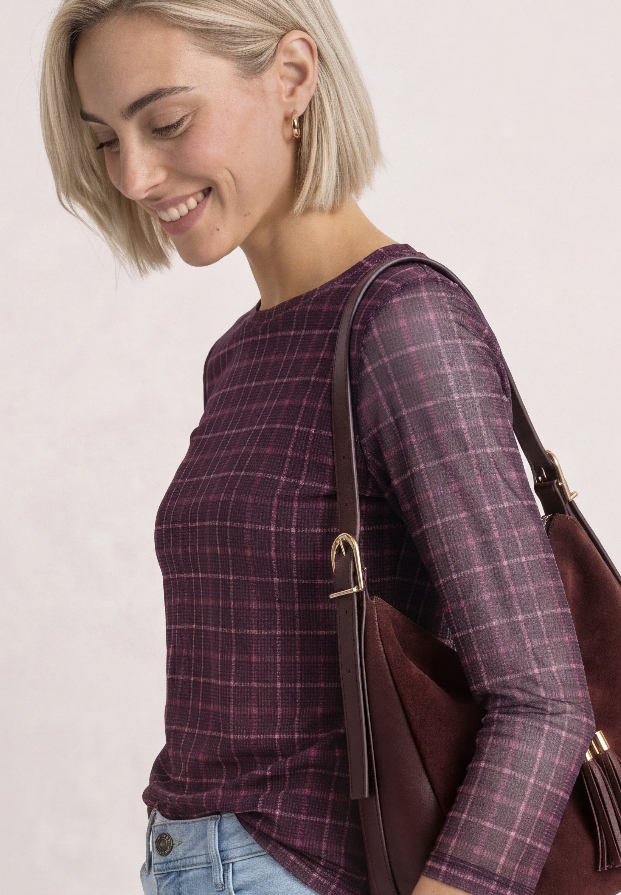 STREET ONE 3/4-Arm-Shirt aus Mesh mit Print / Kariert