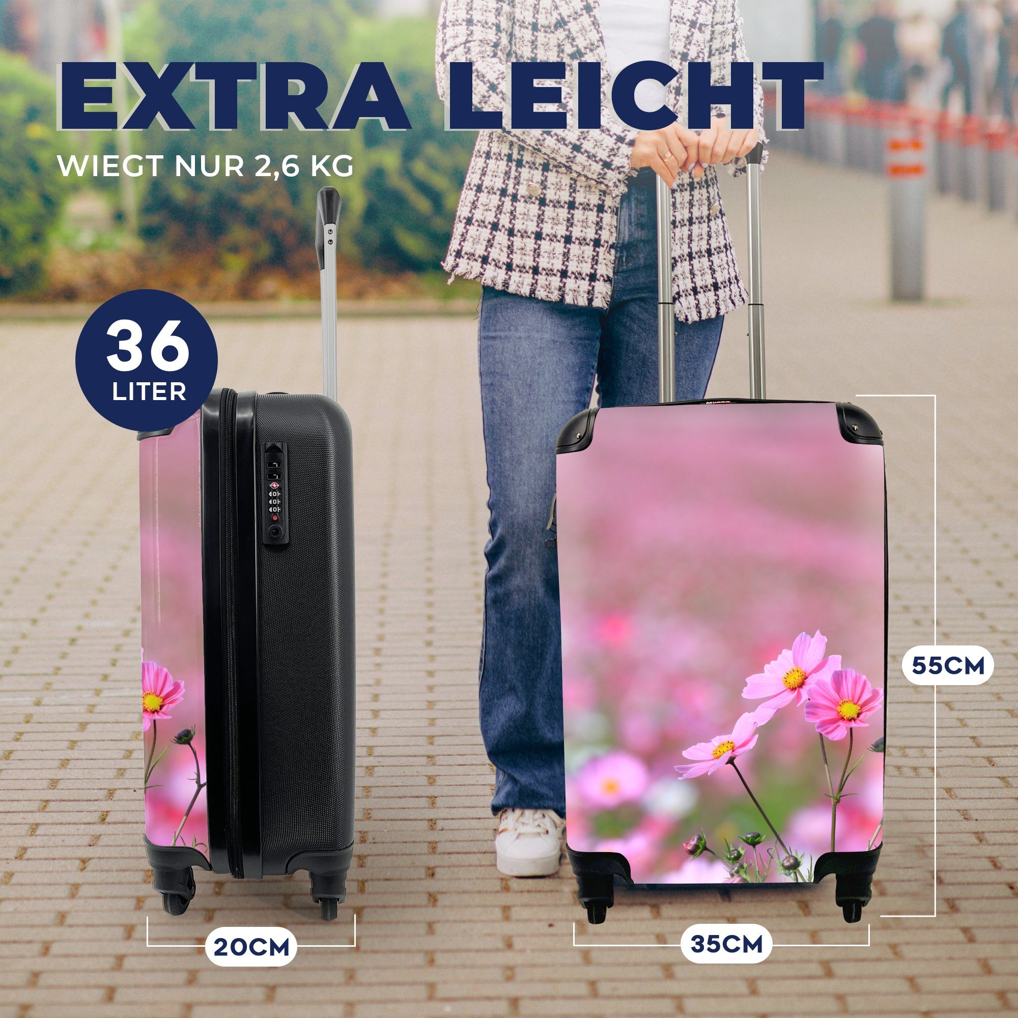 MuchoWow Handgepäckkoffer Blumen - Draußen mit Ferien, 4 Rosa, rollen, Trolley, - Handgepäck Reisetasche für Rollen, Reisekoffer