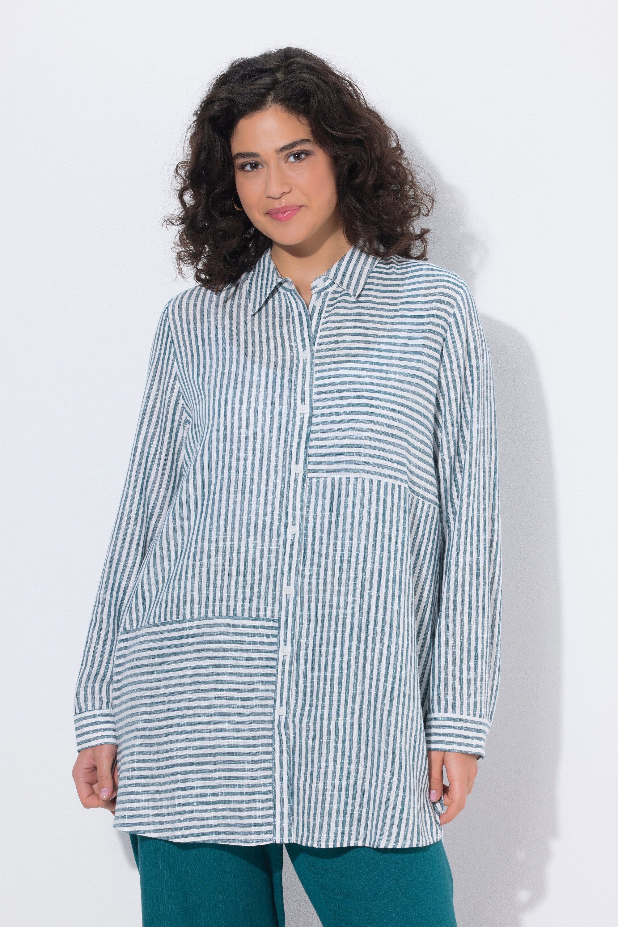 Satinbluse Bluse Leinenmix Patchmuster Hemdkragen Langarm