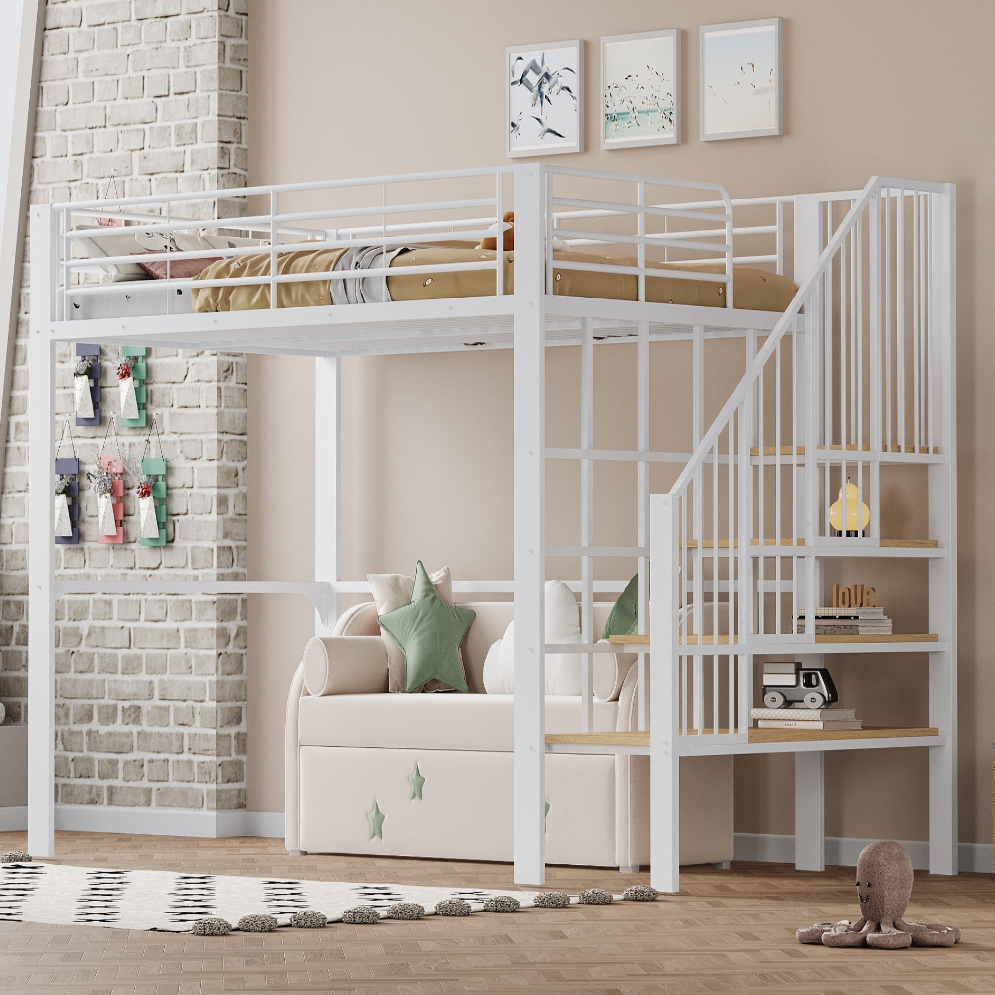 Flieks Hochbett Metallbett Kinderbett 140x200cm mit großen Stauraum und Treppe