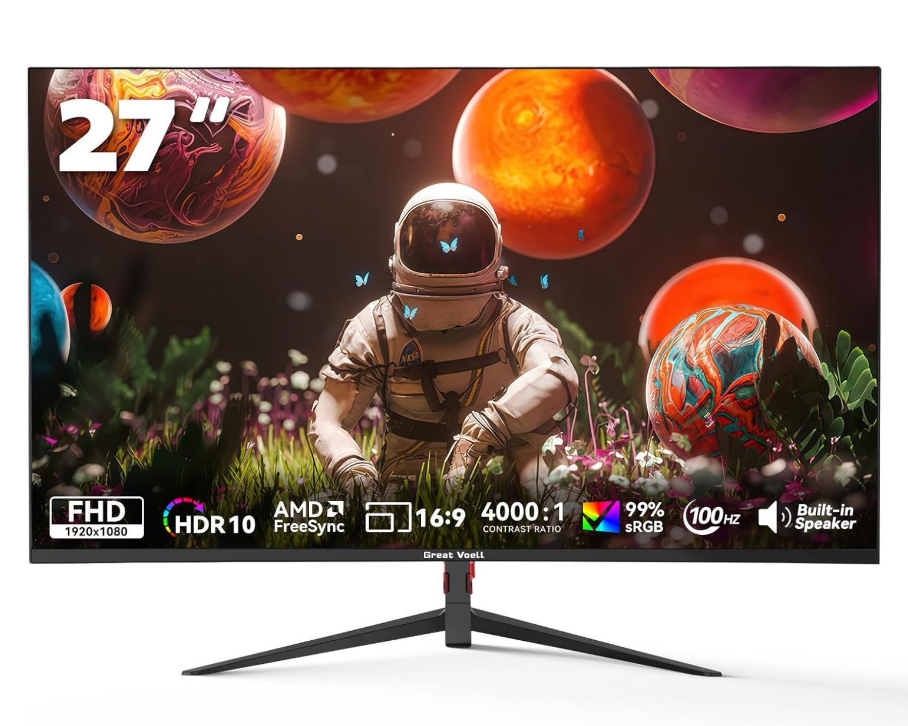 Great Voell Z270B13 FHD Flach Monitor, 100 Hz, Integrierte Lautsprecher, 16:9 Gaming-Monitor (68,6 cm/27 ", 1920x1080 px, FHD, 1 ms Reaktionszeit, 100 Hz, VA LED, HDR10, Eingebauter Lautsprecher, Flacher Gaming & Home Office Monitor)