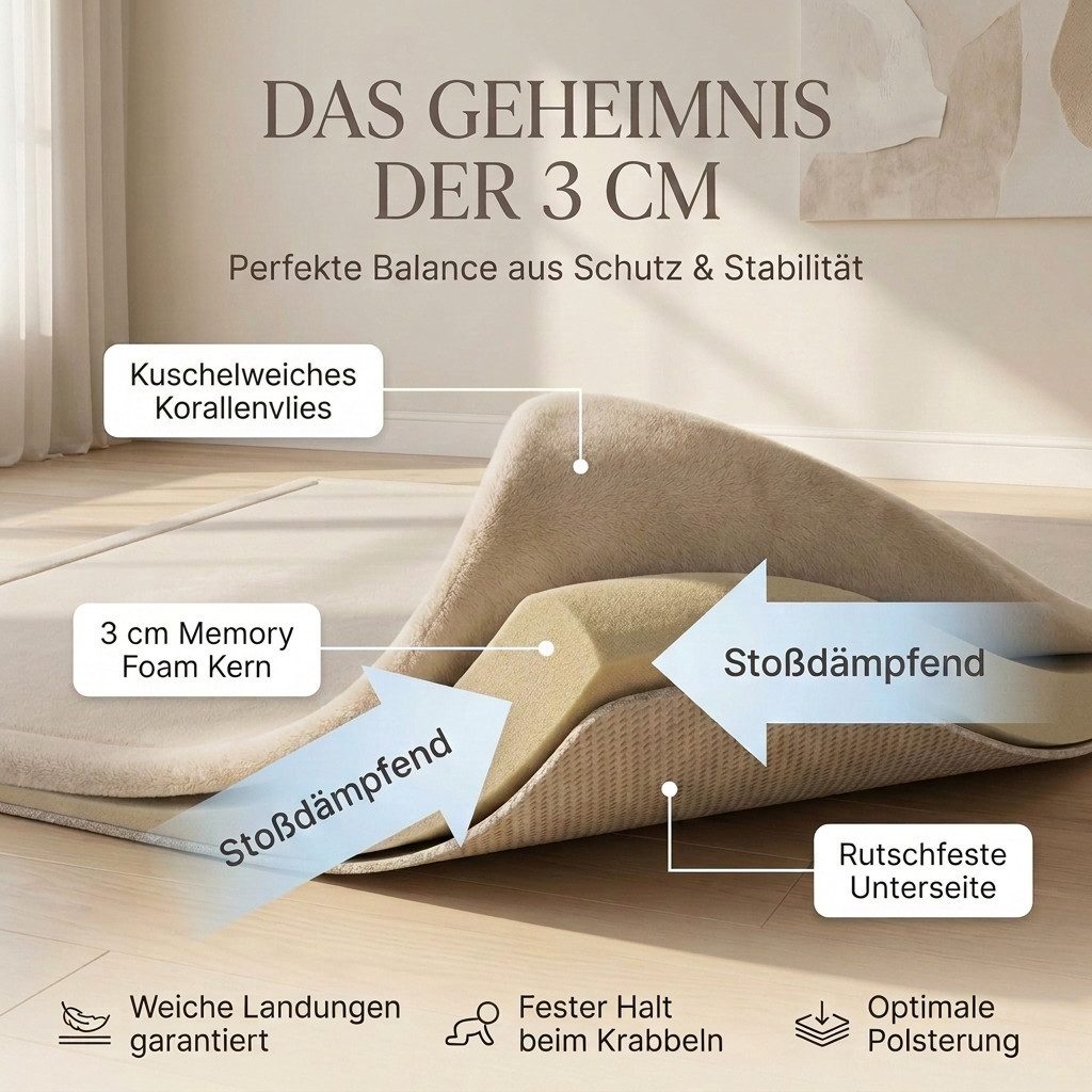 BabyBeFun Spielmatte [Extra Weich] 3cm dicke Krabbelmatte Baby, hochwertiger Memory-Schaum, Rutschfest, Deutsche Marke