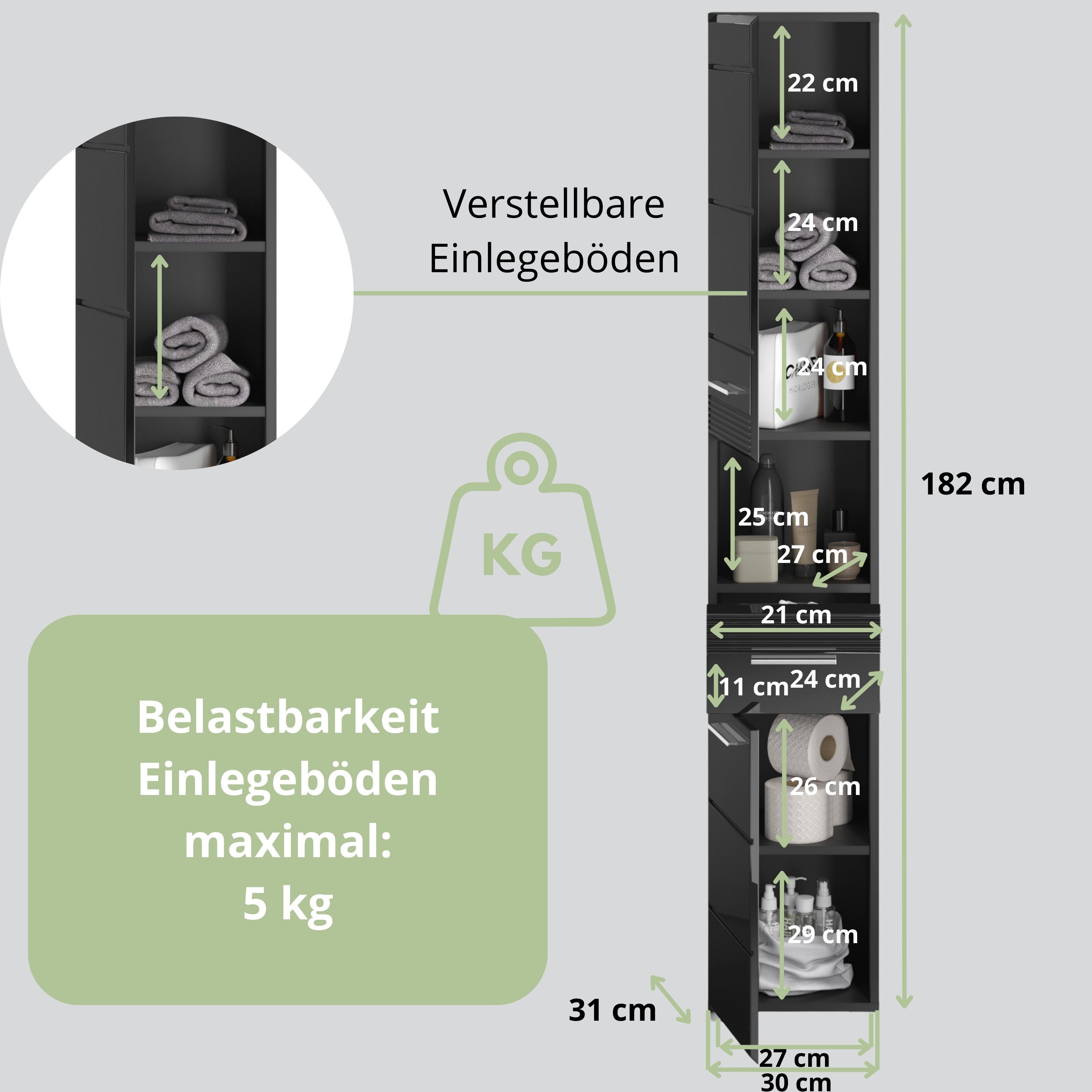 furnling Hochschrank Helsinki 1 Schublade, 2 Türen, 6 Fächer, Badschrank, Badmöbel, 30 cm breit