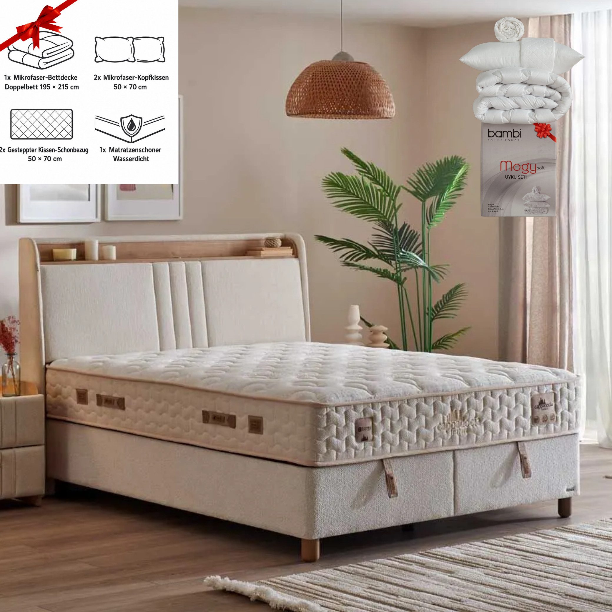 Bambi Boxspringbett mit Bettkasten mit Matratzen Cappadocia Set Stauraum 7-Komfortzonen (Set, 1 x H3 Mittelfest Matratze, 2 x Bettkästen, 1 Kopfteil), LED Beleuchtung mit USB & Type-C