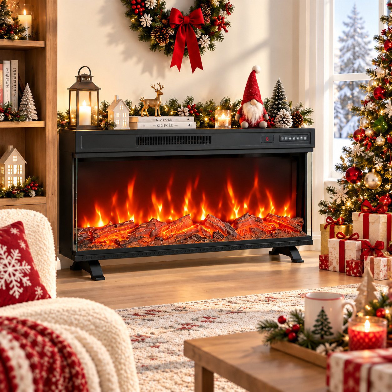 HOMAVO Elektrokamin mit Ständer, 1000W/2000W Heizung, 12 3D-Flammenfarben, 36" - Stand, Einbaukamin / 50" - Wand, Einbaukamin, App-Steuerung