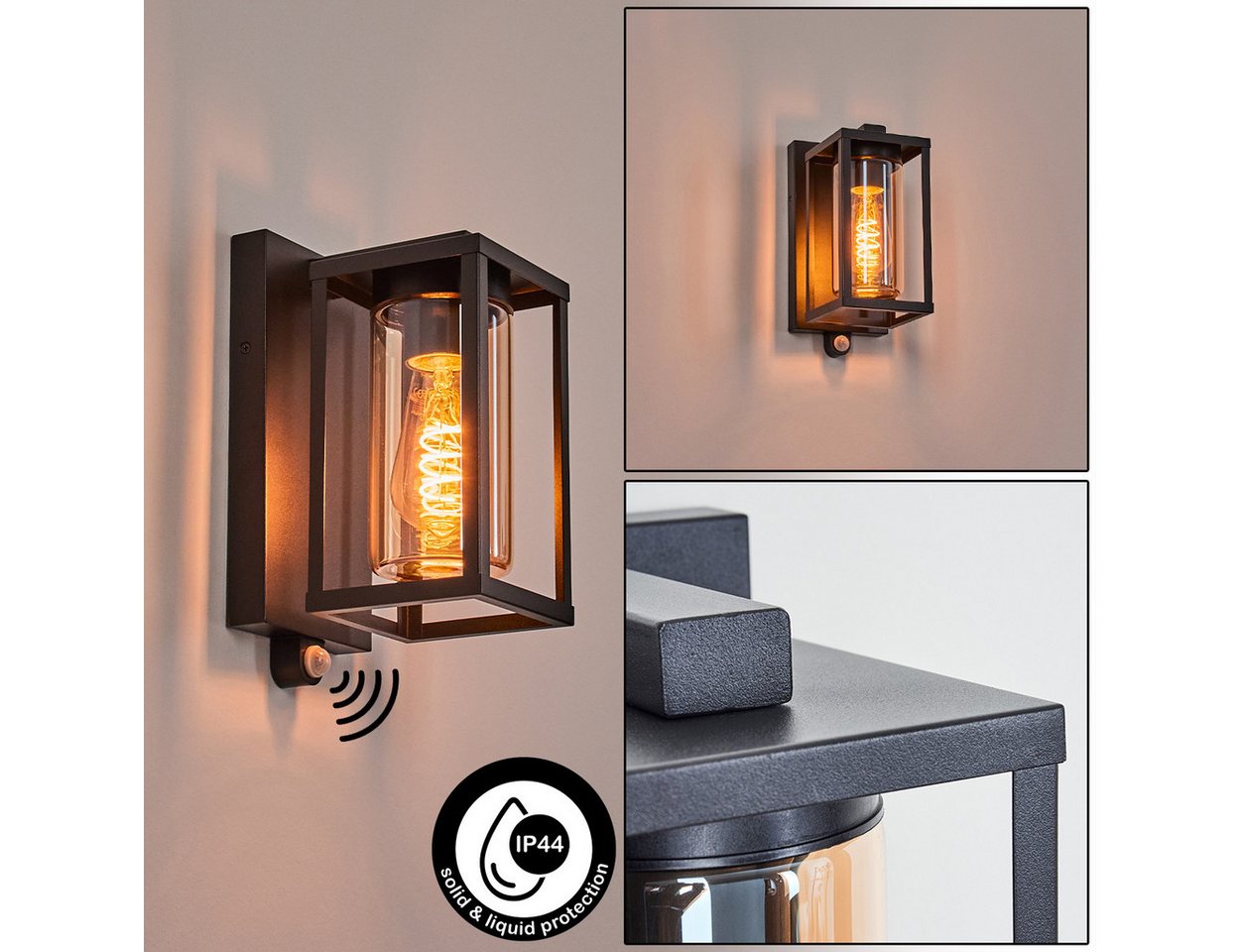 hofstein Außen-Wandleuchte Außenleuchte mit Bewegungsmelder aus Metall/Glas in Schwarz, ohne Leuchtmittel, Wechselglas in Klar, Wandlampe, 1x E27, ohne Leuchtmittel, IP44