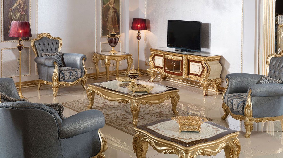 Casa Padrino Massivholz Möbel im / Gold Barock Couchtisch Edel - Braun & Prunkvoller - Barockstil Weiß Barock - Couchtisch Luxus Wohnzimmertisch Prunkvoll 