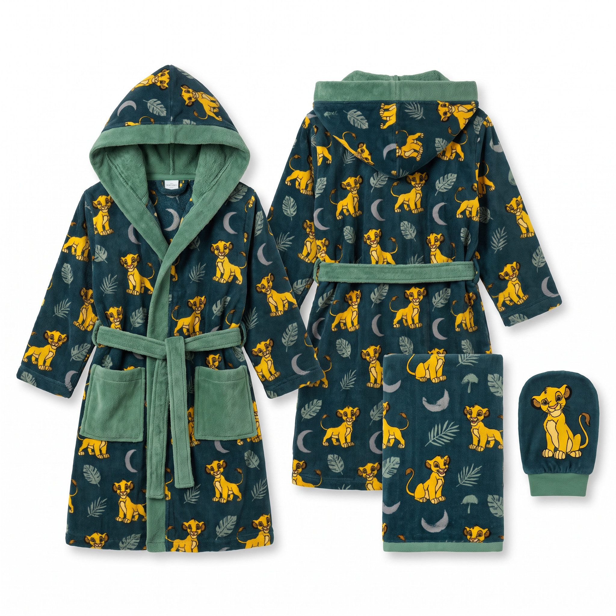 Disney Kinderbademantel König der Löwen 3 tlg Kinder Bademantel Handtuch Handschuh, langarm, polyester, Kapuze, Gürtel, Gr. 98 bis 128