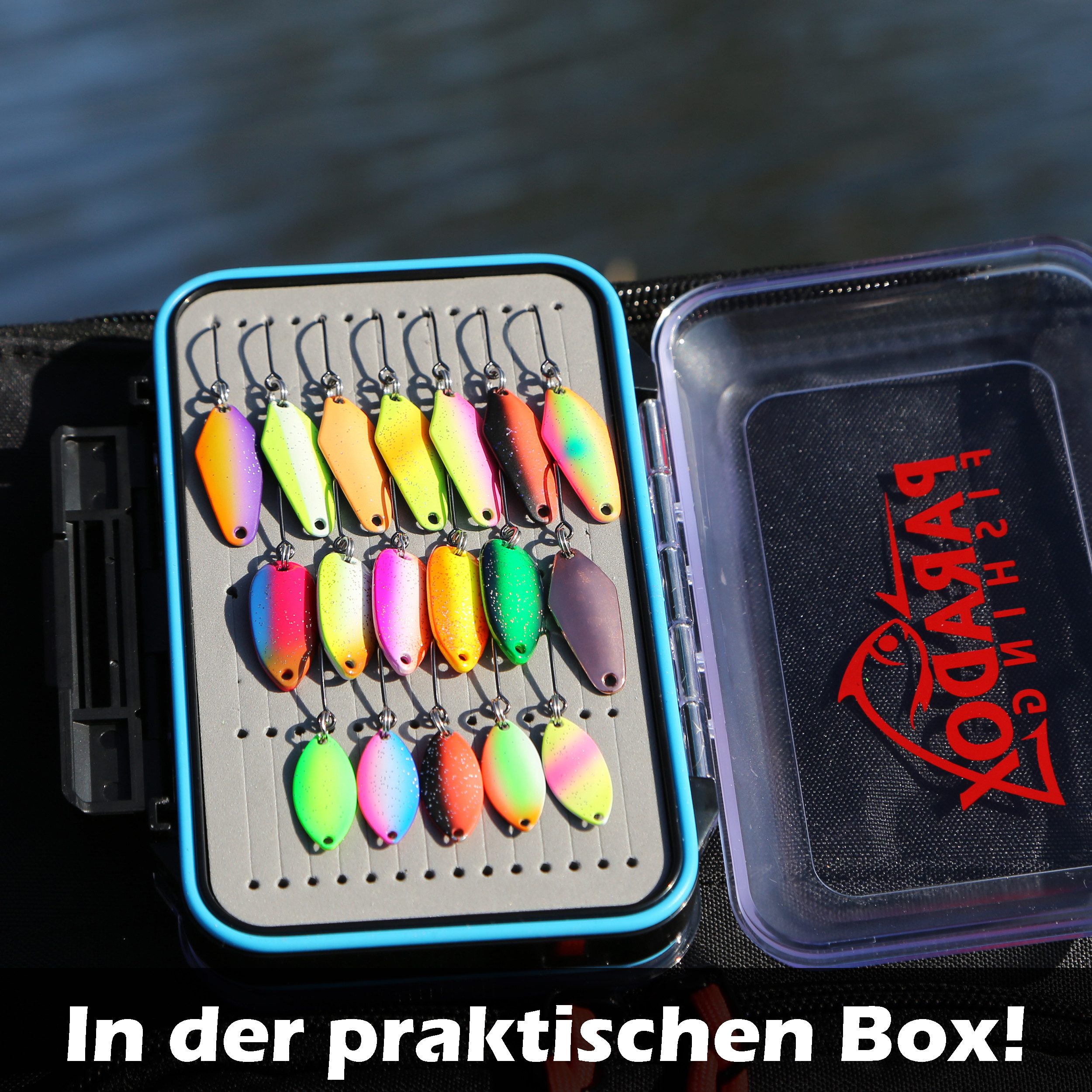 Paradox Fishing Kunstköder Forellen Spoon Set 18 Stück 1,5g/2,5g/3,5g mit Box, (inkl. 10 Snaps), UV-AKTIV – Bild 3 von 5