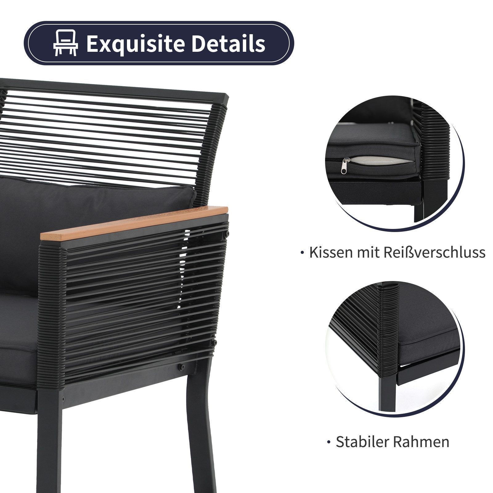 JOIVI Gartenbank 2er Gartenloveseat (Terrasse Sitzbank bis zu 160 kg, Gartenbank mit Sitzkissen&Rückkissen), Balkonbank für Balkon, Garten, Terrasse, Hinterhof, Schwarz