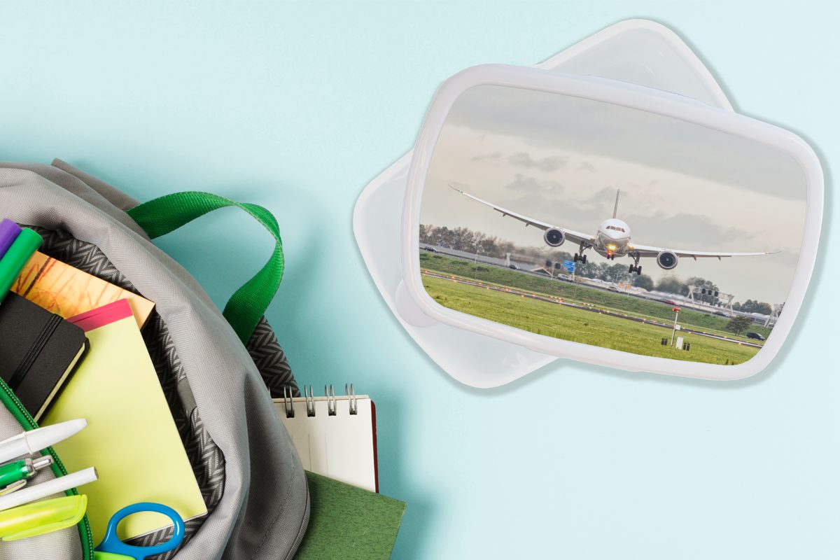 Jungs Brotdose, Kinder MuchoWow für Schiphol, und Mädchen für eines (2-tlg), weiß Erwachsene, Kunststoff, Landung in und Brotbox Lunchbox Flugzeugs