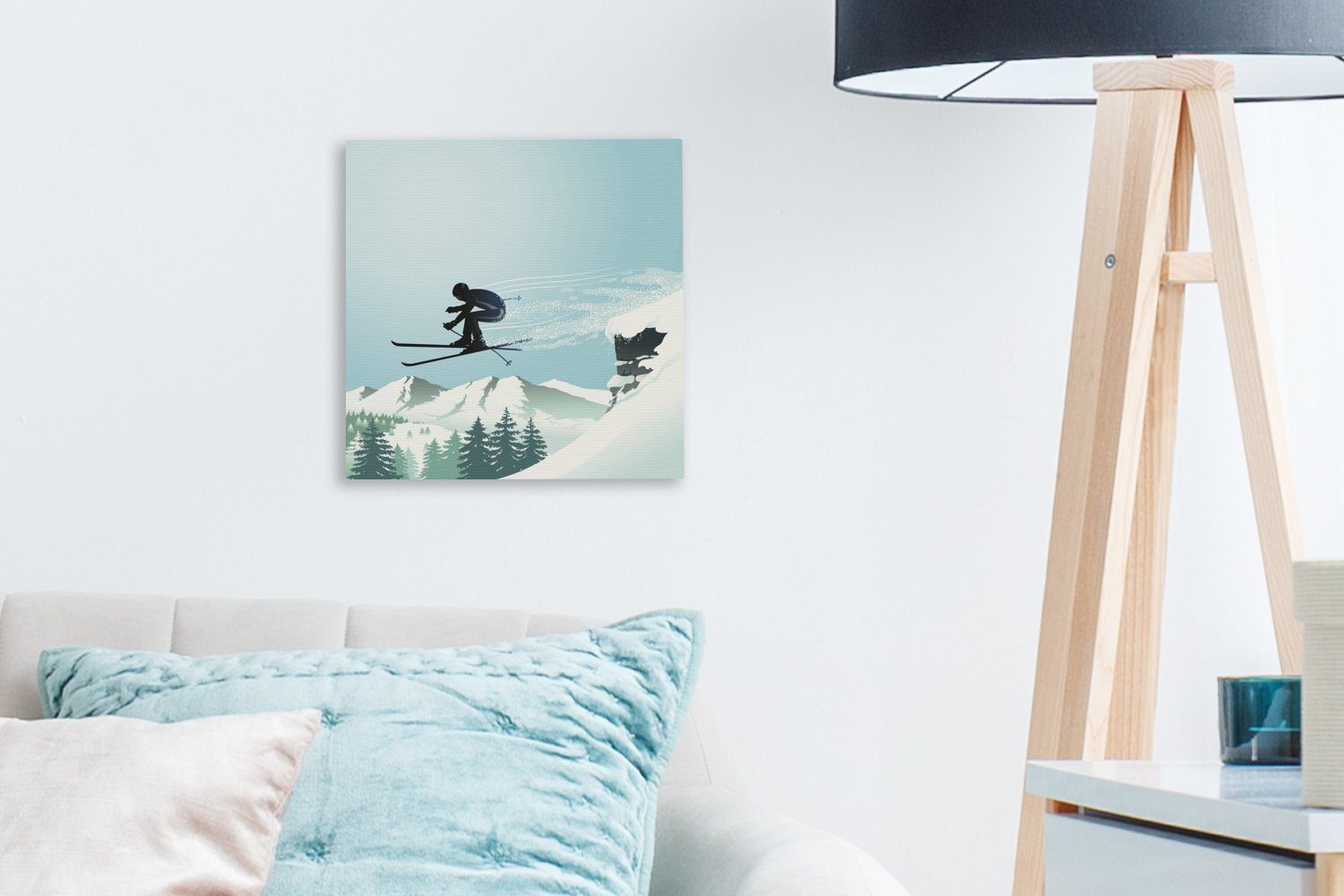 OneMillionCanvasses® Leinwandbild Eine Schlafzimmer Wohnzimmer Hochsprungs (1 St), eines Leinwand des Illustration Bilder Skifahrers, für