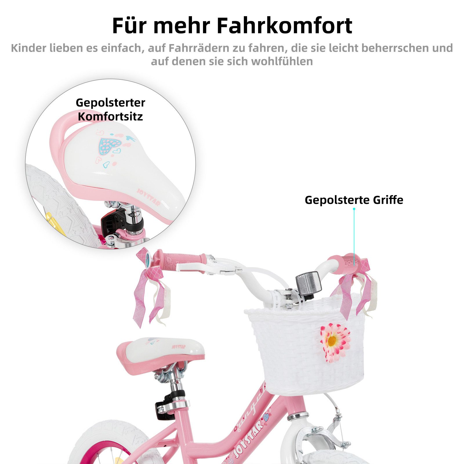 JOYSTAR Kinderfahrrad 12 14 16 18 Zoll Mädchenfahrrad, 2 - 9 Jahre,Geschenk für Prinzessin, 1 Gang, Mit Hilfsrädern, farbigen Bändern, Korb, Reflektor, Kettenab – Bild 5 von 5