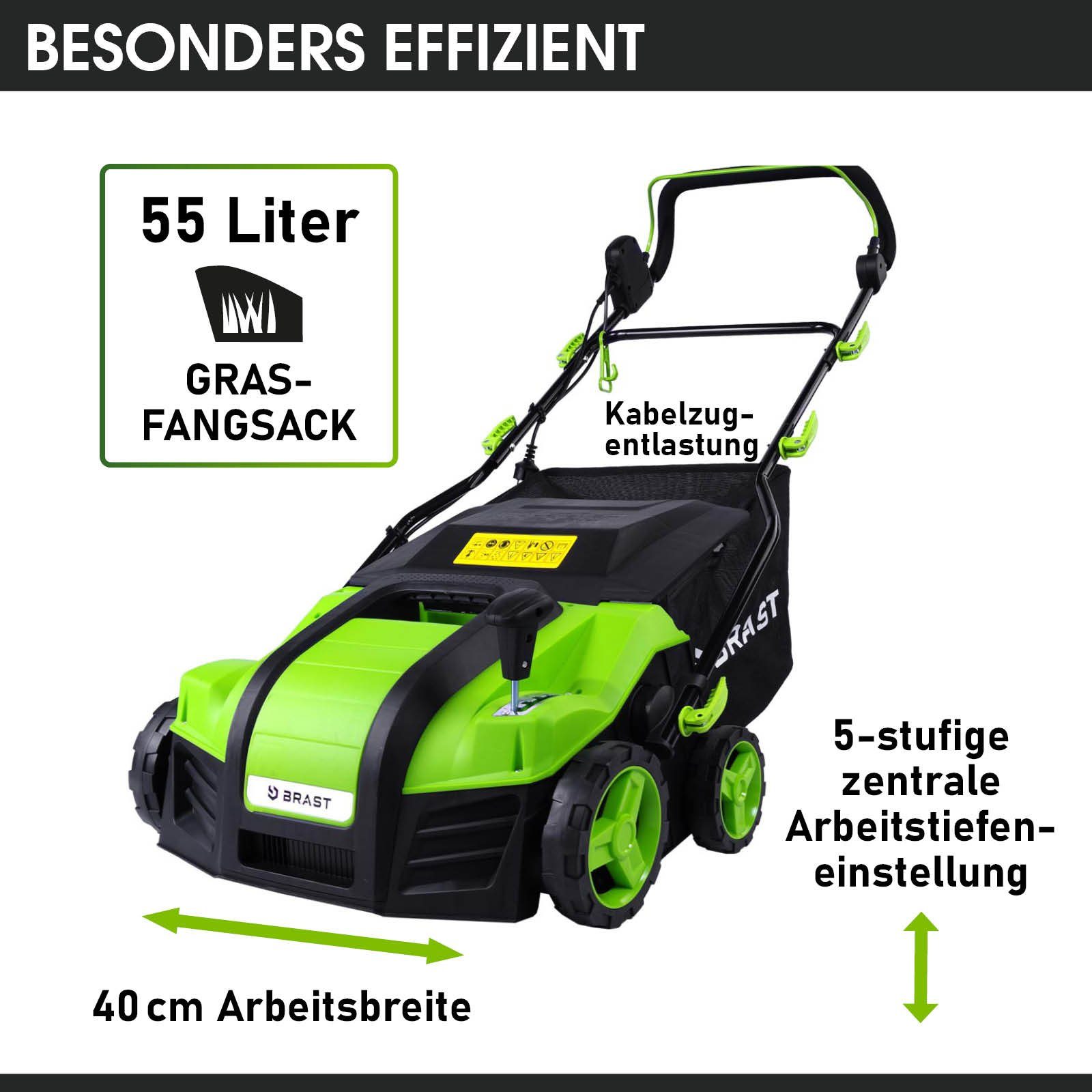 BRAST Elektro-Vertikutierer / Lüfter 2000 Watt Kombi Gerät, 40,00 cm Arbeitsbreite, (2in1-Funktion, 1 Vertikutier- und 1 Lüfter-Walze), Moosentferner