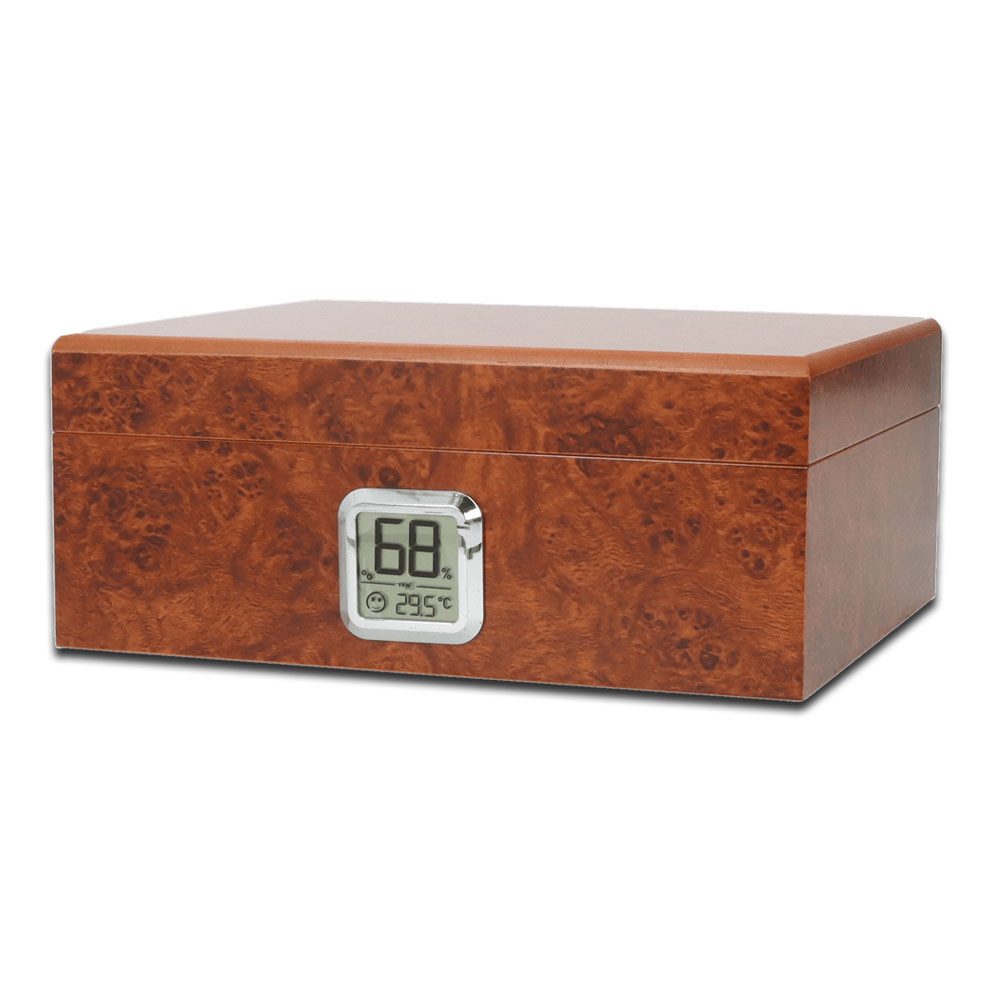 Coumo Humidor Wurzelholz Finish, Humidor für ca. 50 Zigarren, Digitales Hygrometer, Digitales Hygrometer, Geschenkverpackung