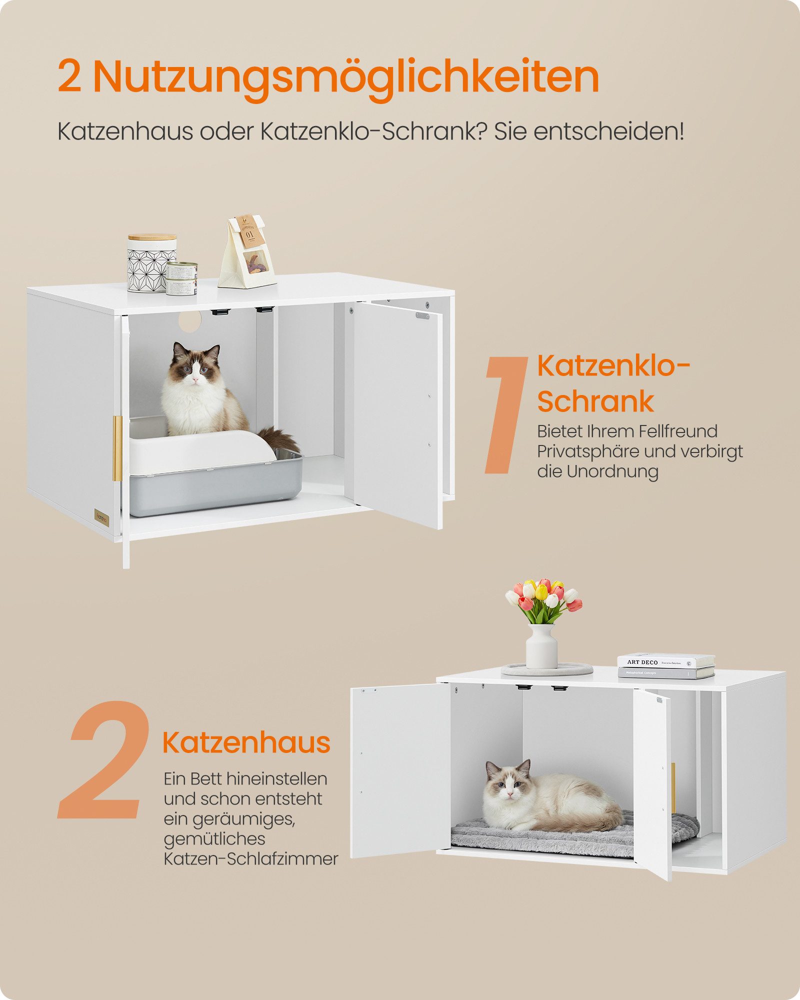 FEANDREA Katzentoilette Katzenklo-Schrank, moderne Katzenhaus, für Wohnzimmer, Vordereingang, Doppeltüren mit Griffen, Beistelltisch, 80 x 50 x 45 cm