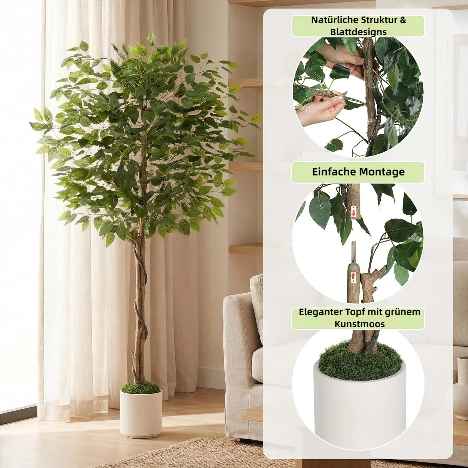 Kunstbaum Künstliche Ficus Benjamini Realistische Ficus Kunstpflanze mit festgeformtem Stamm, TLGREEN, Höhe 150 cm, für Wohnzimmer Büro, Inklusive Weißem Übertopf & Kunstmoos