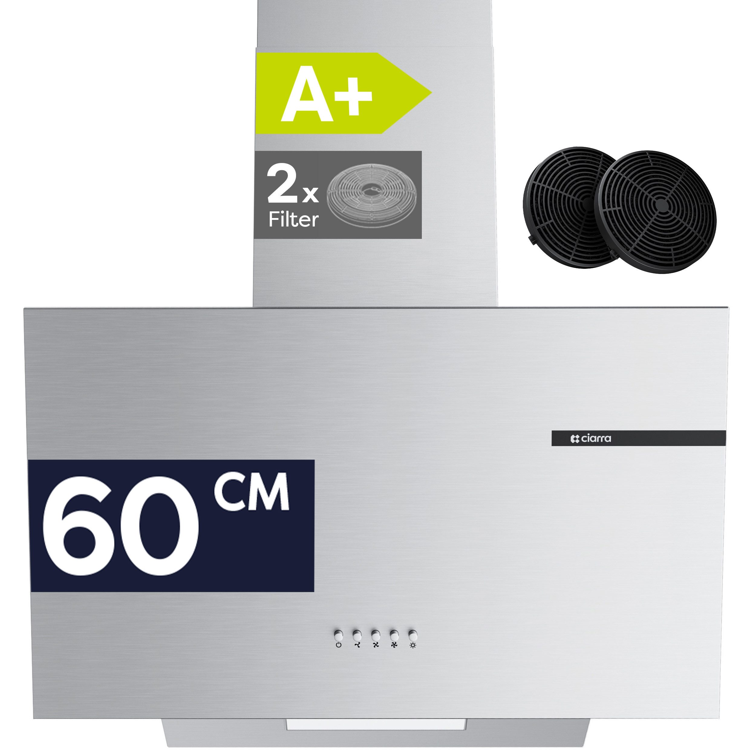 CIARRA Kopffreihaube 60 cm A+ 580 m³/h Schräghaube leise Umluft & Abluft VMS6765A 60 cm A+ 580 m³/h Schräghaube leise Umluft & Abluft VMS6765A, Leise Schräghaube aus Edelstahl mit Kohlefilter Fettfilter LED Silber