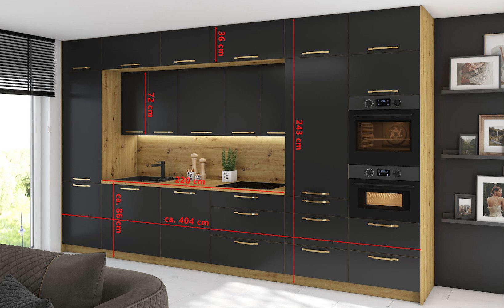 Feldmann-Wohnen Küchenzeile Bonn, (Schubladen mit Vollauszug und Selbsteinzug (REJS Comfort Box), 404x60x243cm Korpus eiche artisan Front schwarz matt; 15-teilig