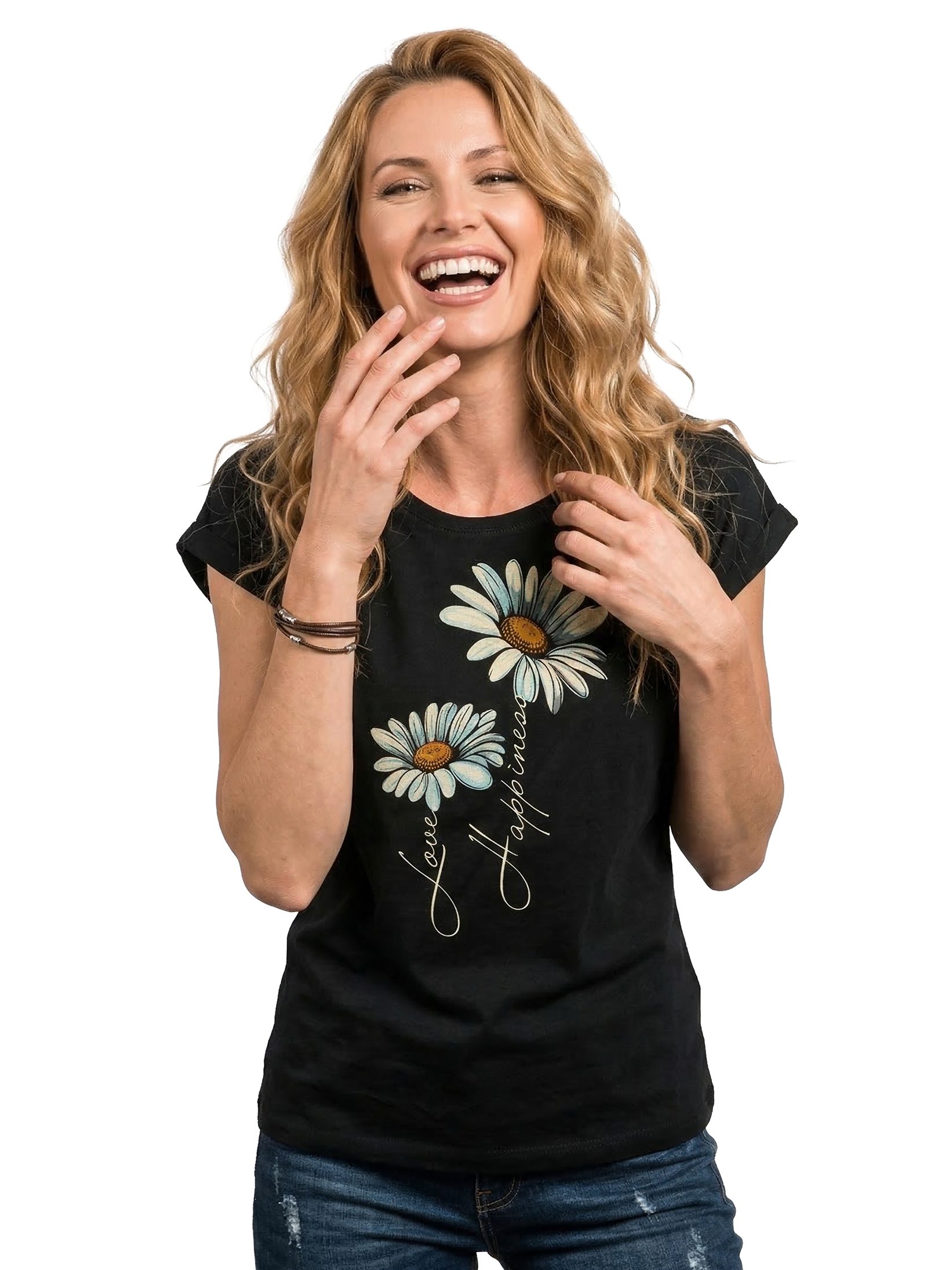 MAKAYA Print-Shirt Damen Kurzarm Top Blumen Gänseblümchen floral Blumenmuster Blümchenprint