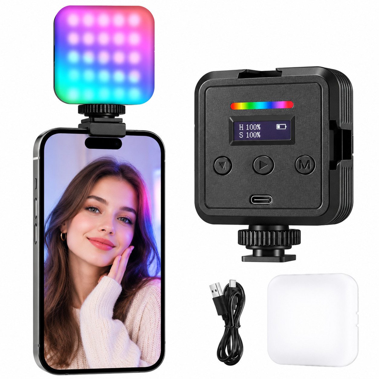 ibettertec Videoleuchte RGB Videoleuchte LED Kameralicht für Vlog Streaming Foto Video, Kompakte Fotolampe mit RGB, Weiß- und Warmlicht für Creator