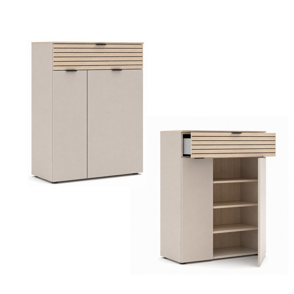 Lomadox Garderoben-Set ISCHIA-36, (Spar-Set, 4-St., Schrank Garderobenpaneel Schuhbank Schuhkommode), in Beige mit Eiche, Lamellenoptik – Bild 5 von 5