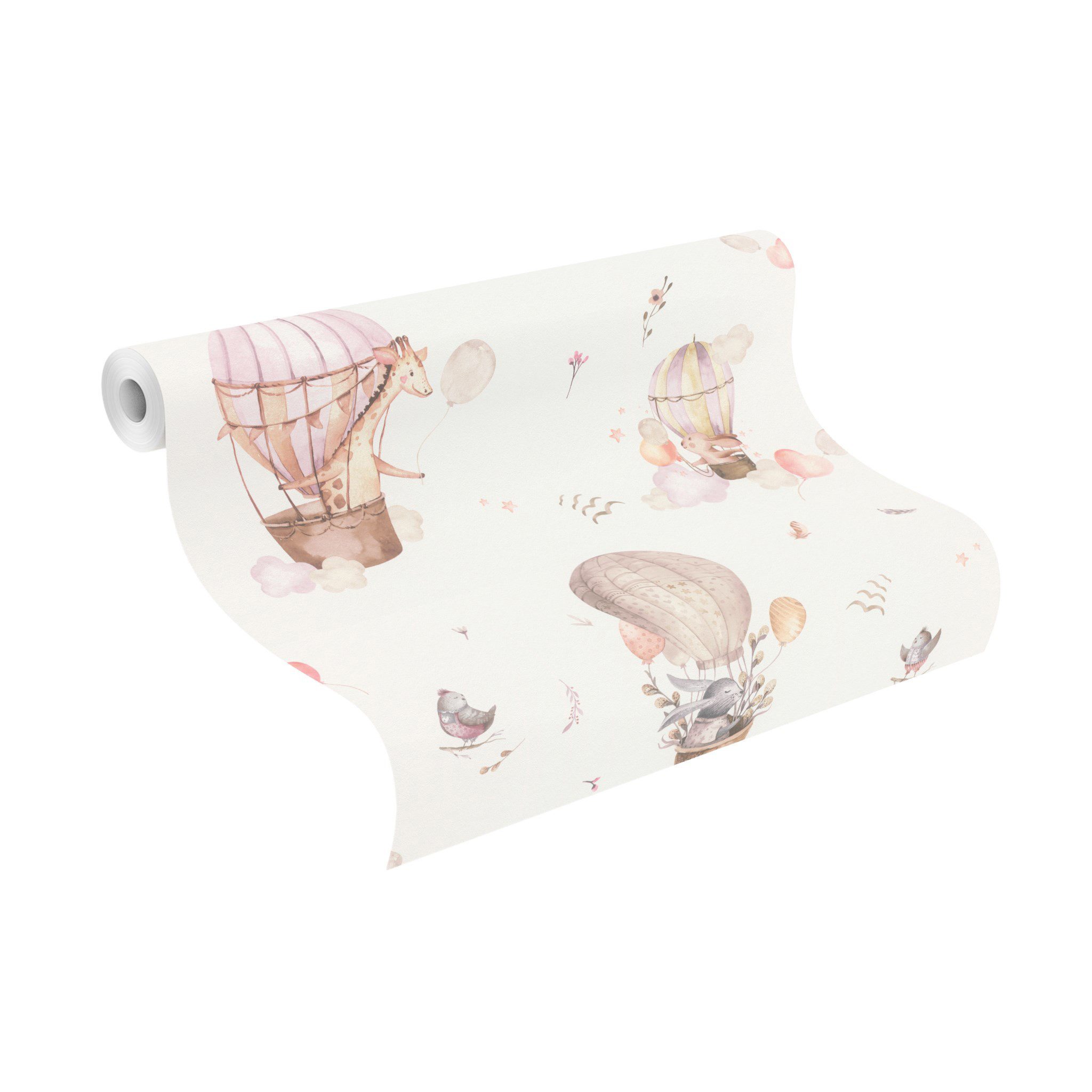 Rasch Vliestapete Heißluftballons Beige Braun Rosa, Naturoptik, (1 Rolle, 1 St., Kollektion 'Kids World II' - 10,05 m x 0,53 m), gute Lichtbeständigkeit, feucht abwischbar, restlos abziehbar