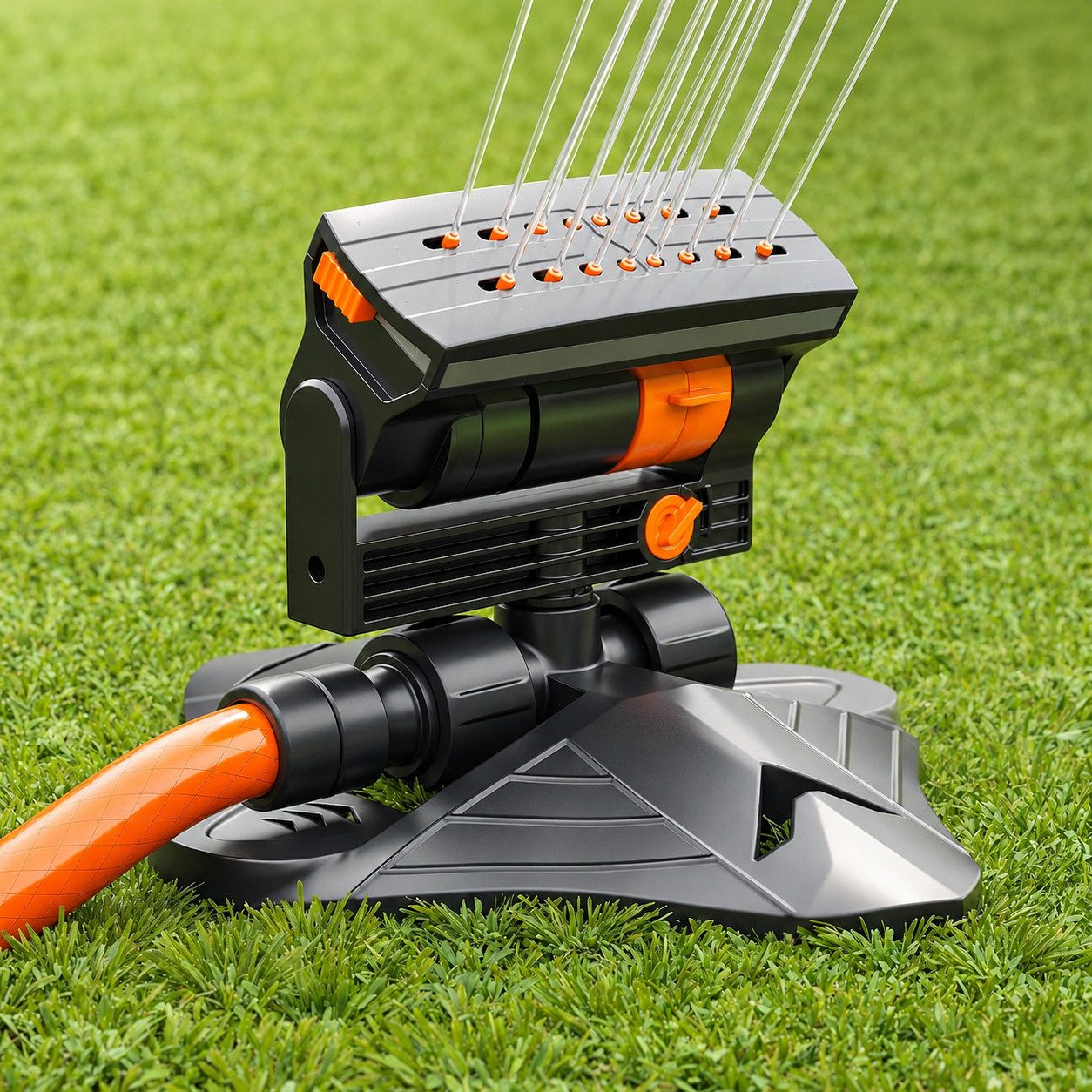 AIMAX Viereckregner Rasensprenger, Gartensprinkler mit 4 Sprühbildern, Oszillationsregner, Bewässerungssystem mit regulierbarer Wassermenge