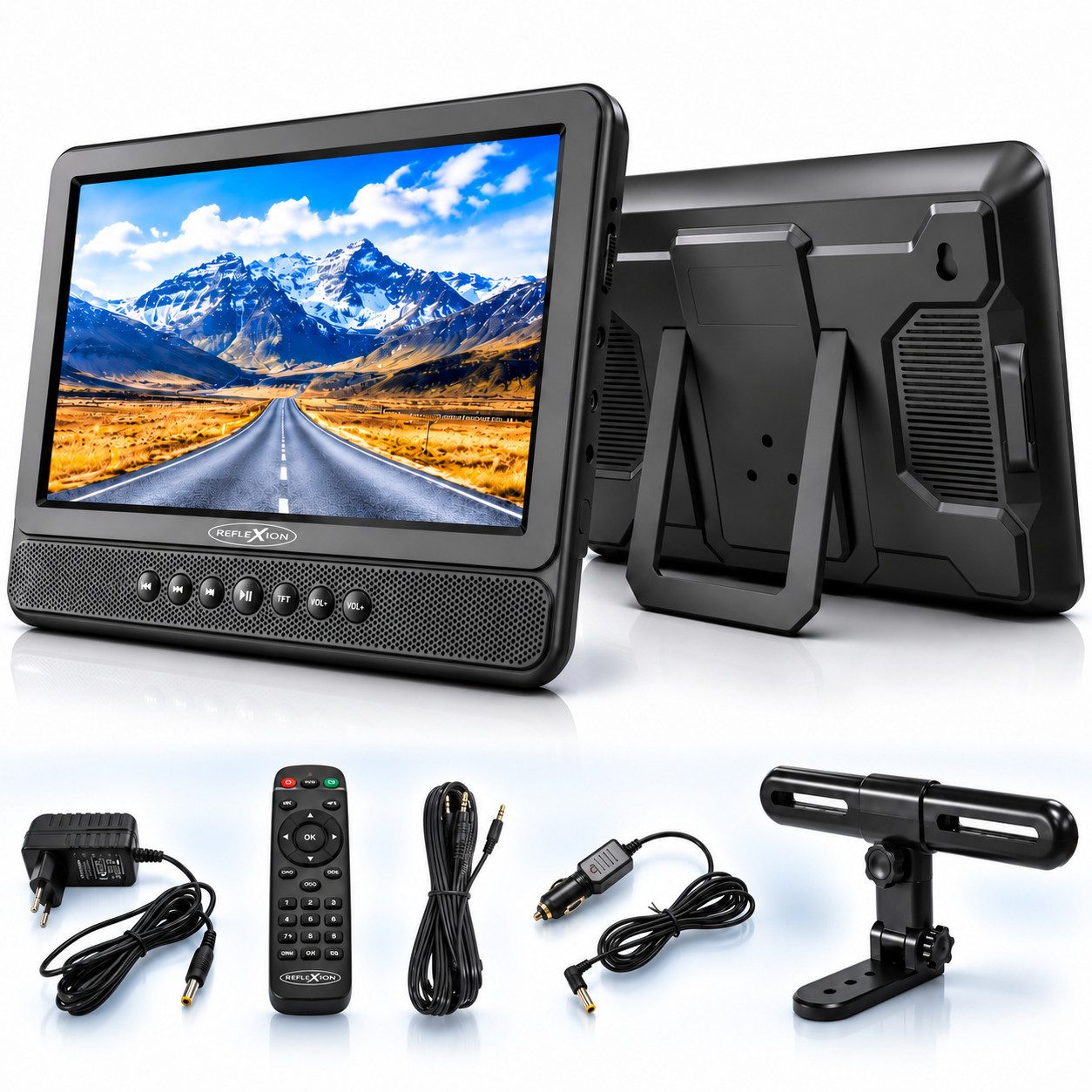 Reflexion DVD1052N Portabler DVD-Player (Akku, USB, 12V Auto-Adapter, 230V Netzteil, inkl. Kopfstützenhalterung)
