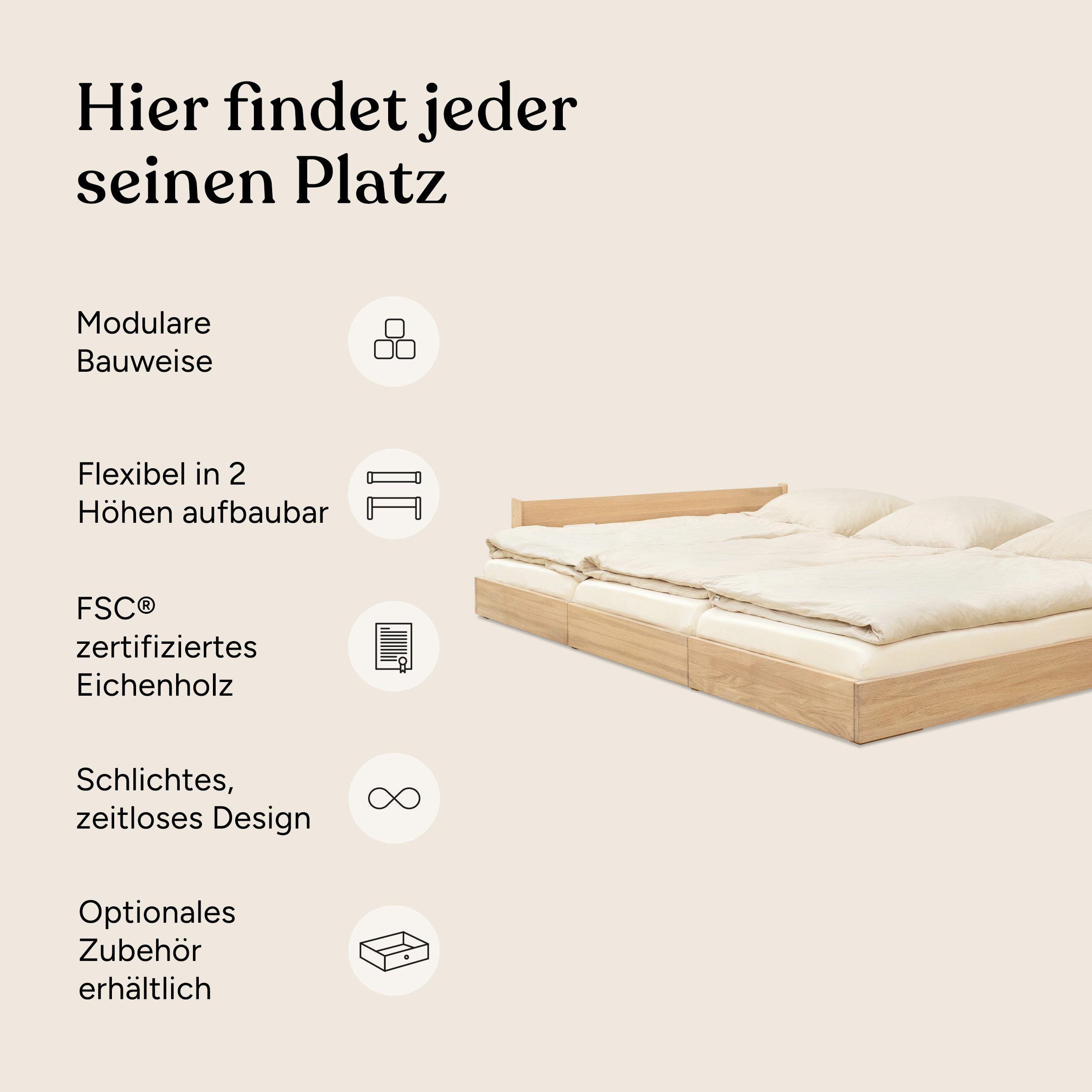 Ehrenkind Holzbett Plano, Modulares Familienbett, FSC® Zertifiziert (Familienbett, 270x200 cm, Massiv-Eiche geölt, modular erweiterbar mit Zubehör und weiteren Plano Betten), 2‑in‑1 Höhe (Bodenbett oder Standard)