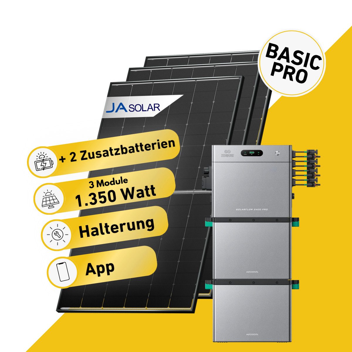 Balkonstrom Balkonkraftwerk Basic Pro 1350W Solaranlage mit Speicher Komplettset Bifazial, 1350 W, Monokristallin, (3x JA Solarmodul á 450 Watt, 1x Zendure SolarFlow 2400 Pro 2, 1-5 Zusatzspeicher AB3000L), Halterung für Dach, Fassade, Balkon & Garten, App & Plug&Play DE