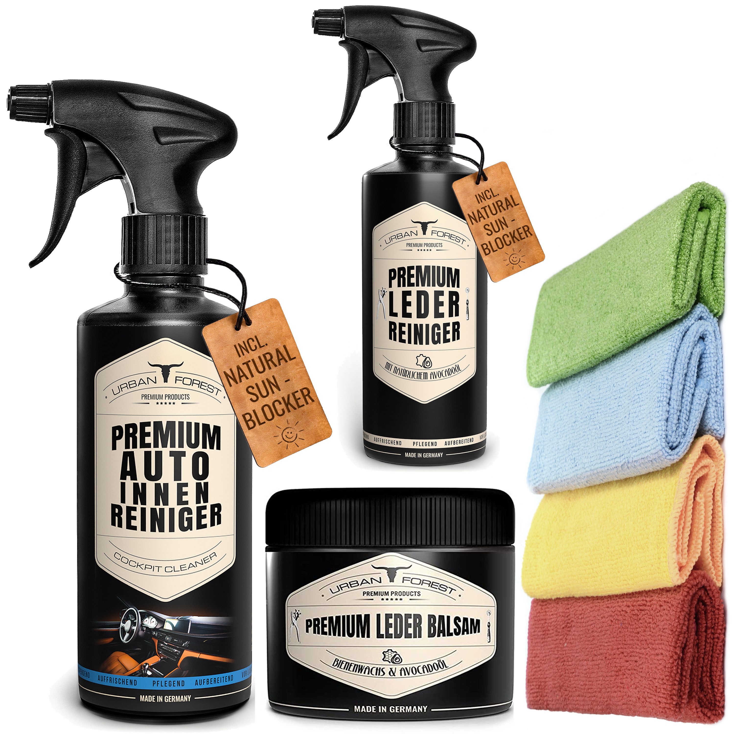URBAN FOREST Innenreiniger 500ml+Lederreiniger 500ml+Leber Balsam 250ml+4 Tücher Auto-Reinigungsmittel (4-St. Innenreiniger 500mlLederreiniger 500ml+Leber Balsam 250ml+4 Tücher)