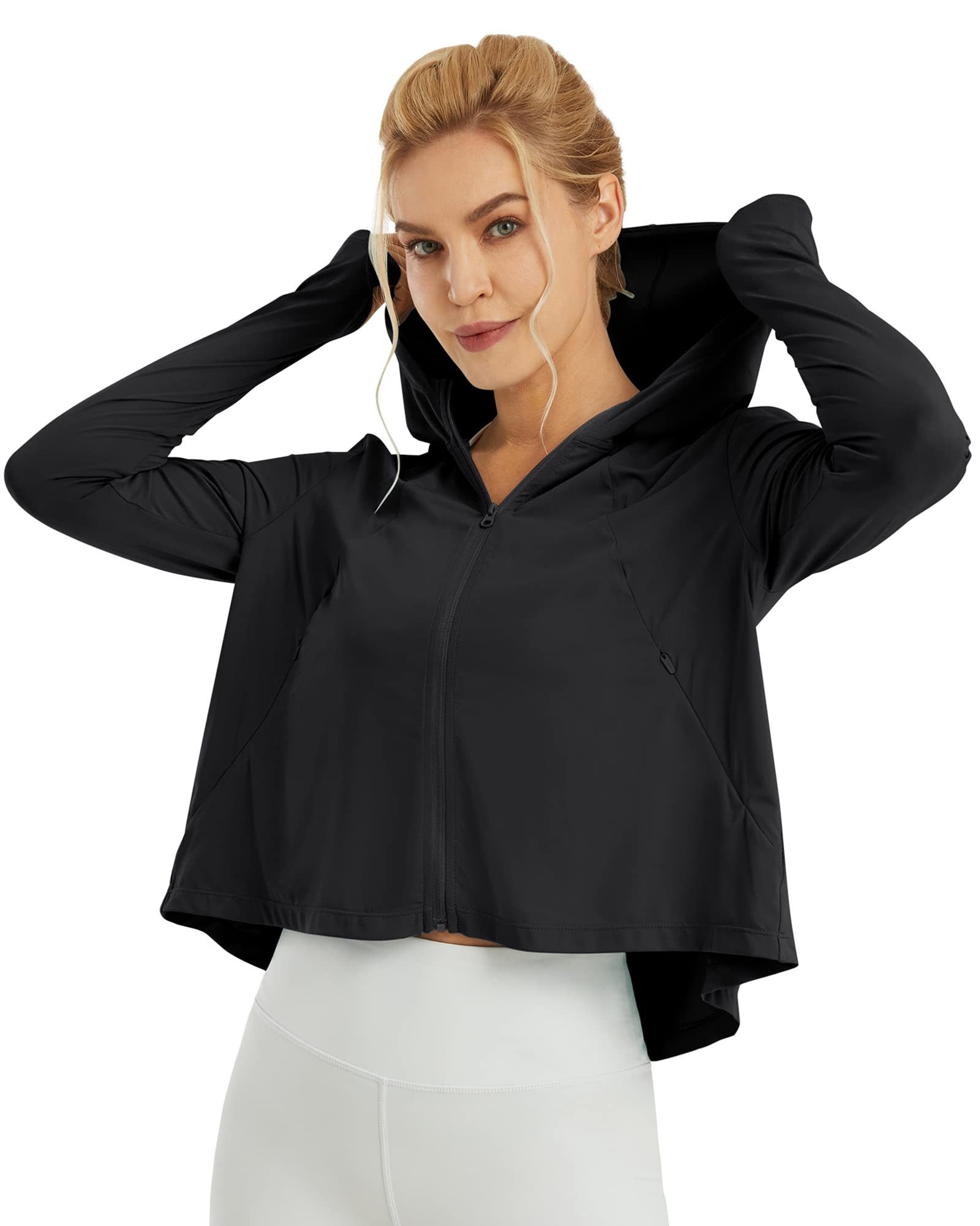 G4Free Langarmshirt G4Free Damen Sonnenschutz UV Kapuzen Jacke Leichte UPF Laufen Kühlung UPF Laufen Kühlung Feuchtigkeitsableitendes SPF Shirt Wandern