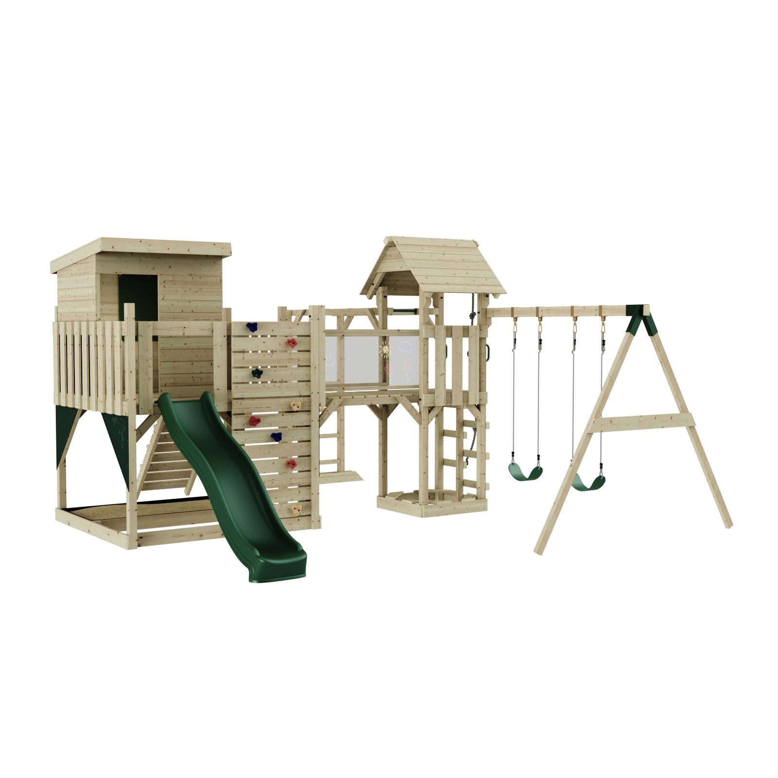 OutdoorToys Spielturm Malou, aus Holz in Dunkelgrün mit Kinderschaukel & Rutsche