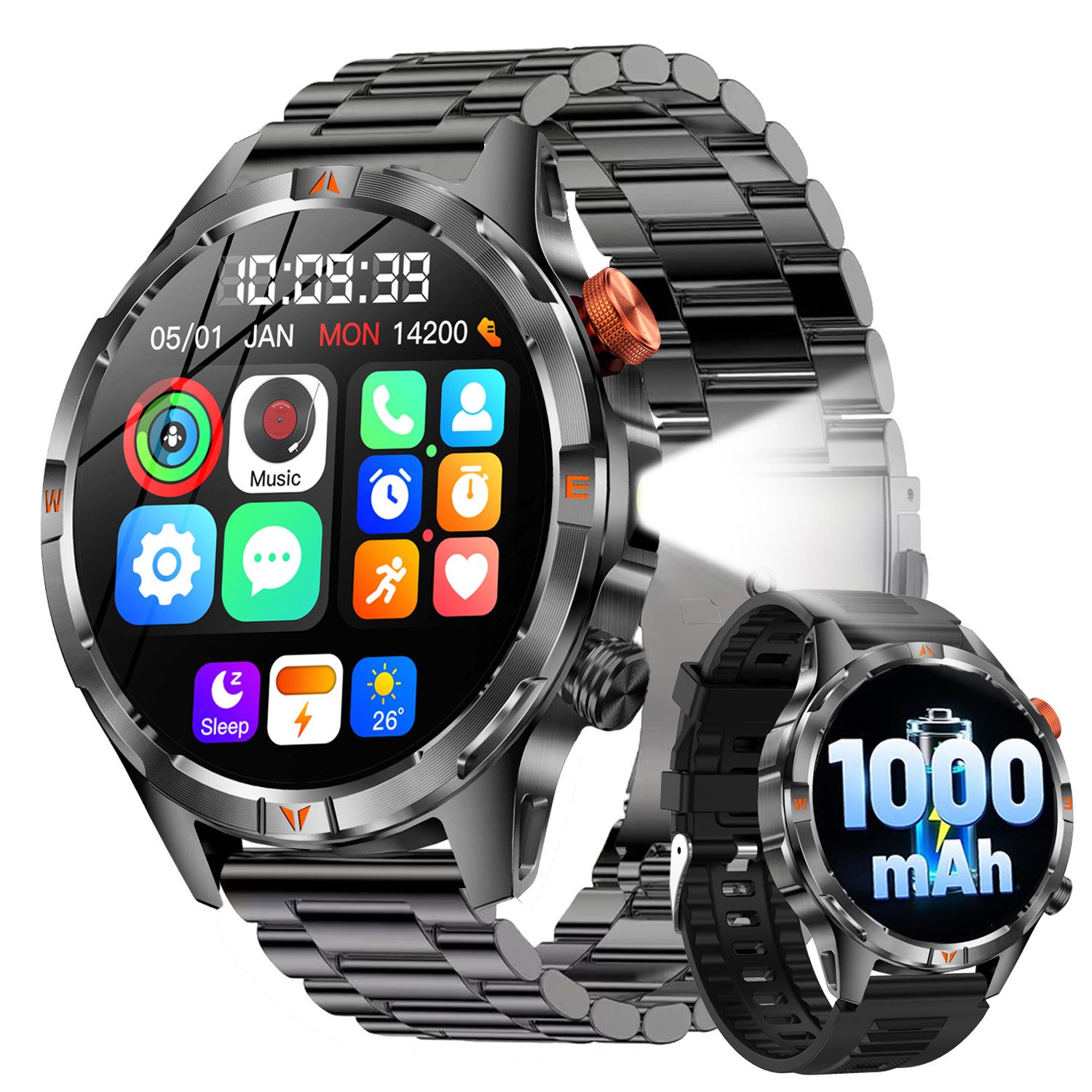ANYSUN Militär Smartwatch Herren, Outdooruhr mit 1000mAh Smartwatch (1,7 Zoll) LED Taschenlampen, Bluetooth-Anrufe,Kompass,Puls-SpO2-Schlaf-Monitor, 100+ Sportmodi Fitness-Tracker,Schrittzähler IP68, für iOS Android