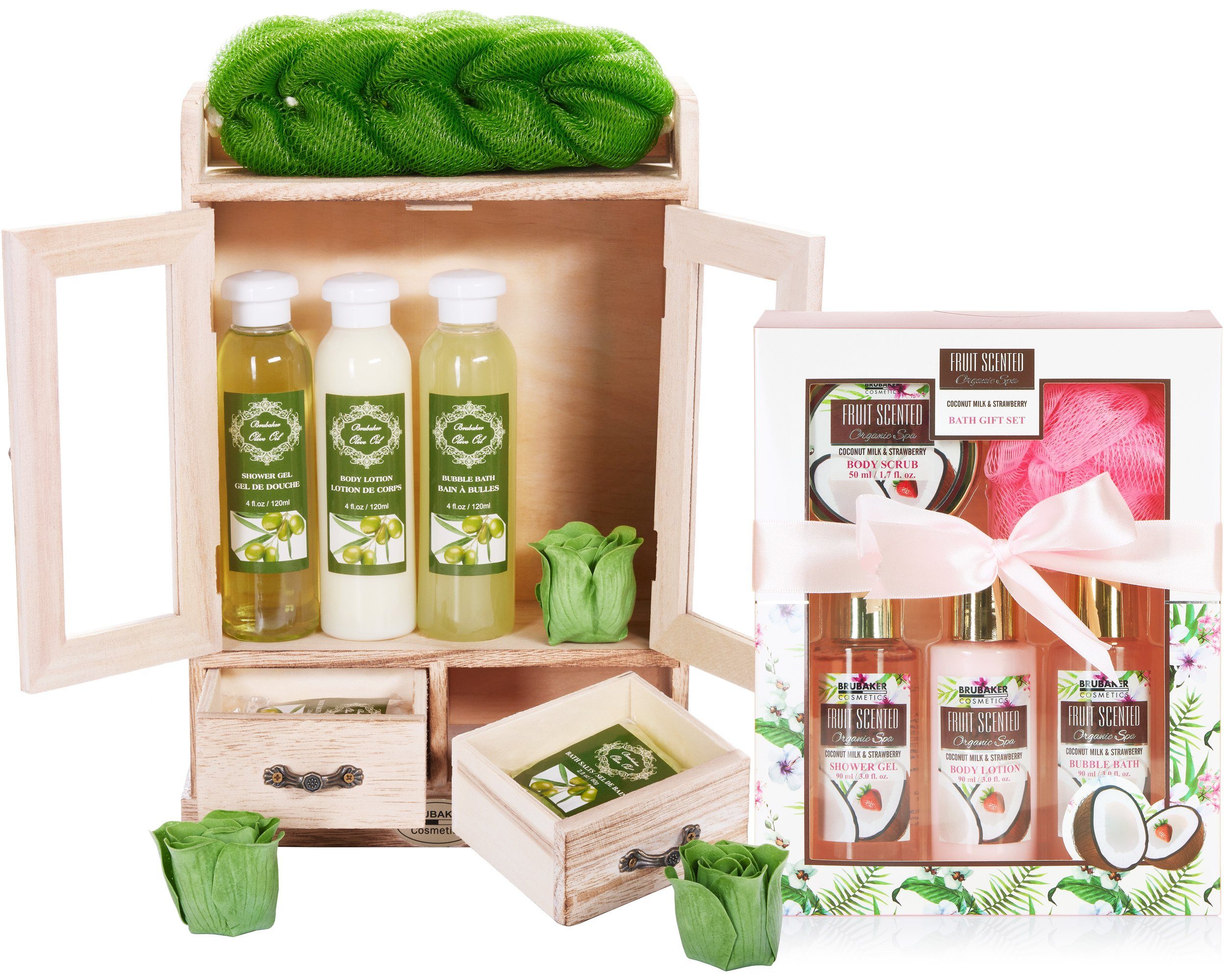 BRUBAKER Pflege-Geschenkset 2 in 1 Pflegeset Olive & Kokosnuss Erdbeere - Wellness Set, 15-tlg., Damen Dusch- und Badeset - Frauen Beauty Geschenkset mit Dekoration