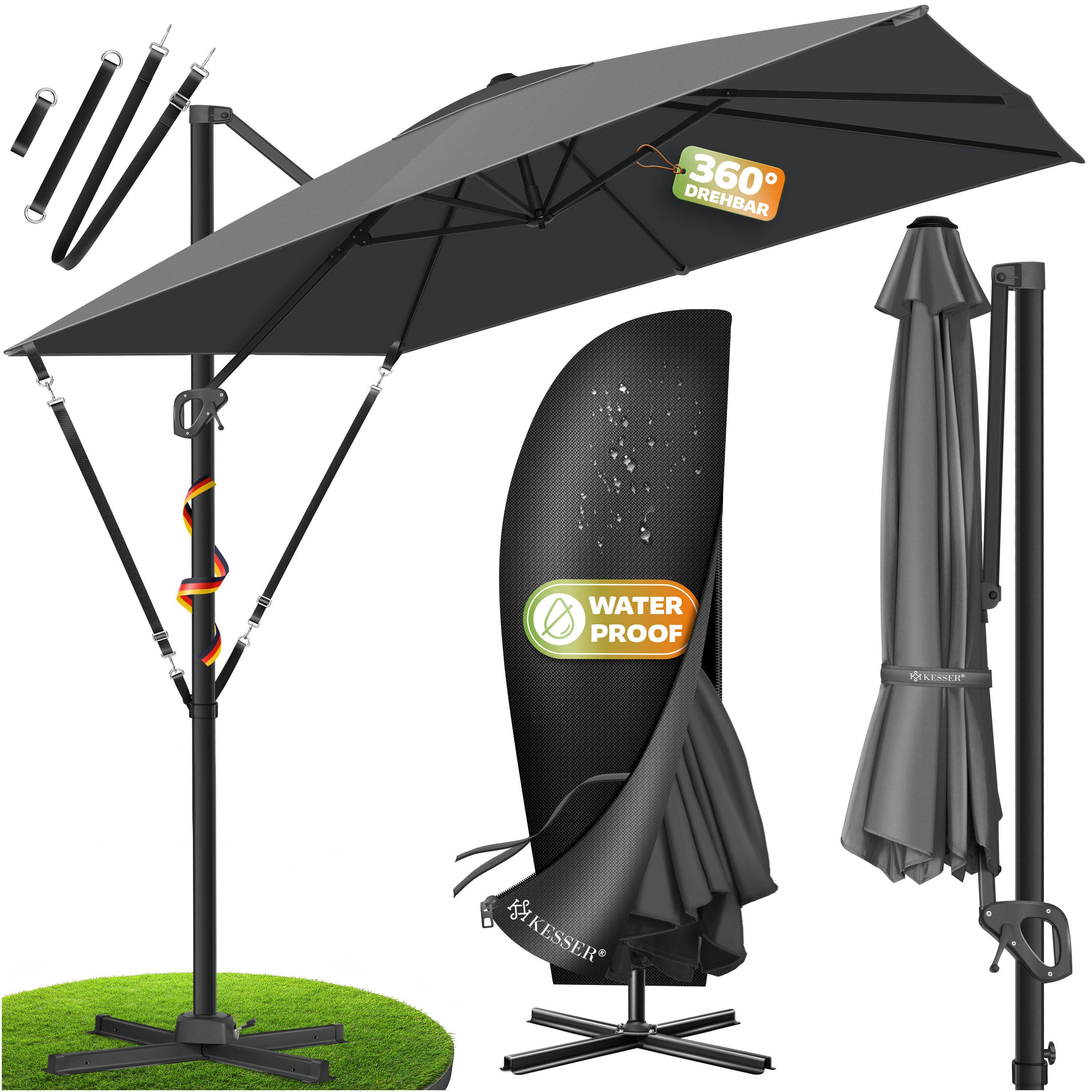 KESSER Ampelschirm, Sonnenschirm SUN XL 300 300 cm Inkl. Abdeckung 360° Drehbar & Neigbar