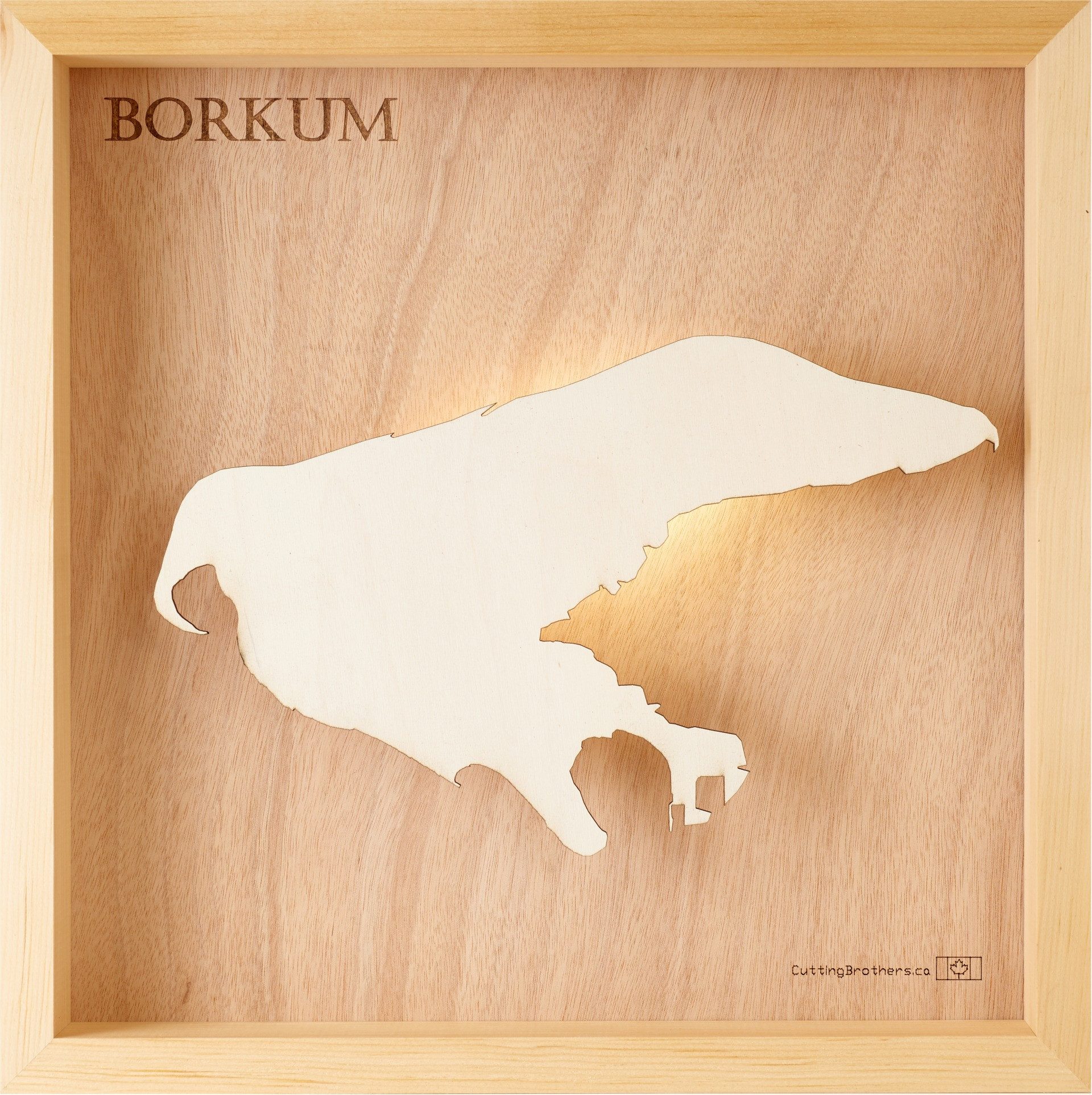 Cutting Brothers LED-Bild Borkum 35x35 cm, LED-Holz-Wandkarte, mit indirekter Beleuchtung, handgefertigt aus Echtholz